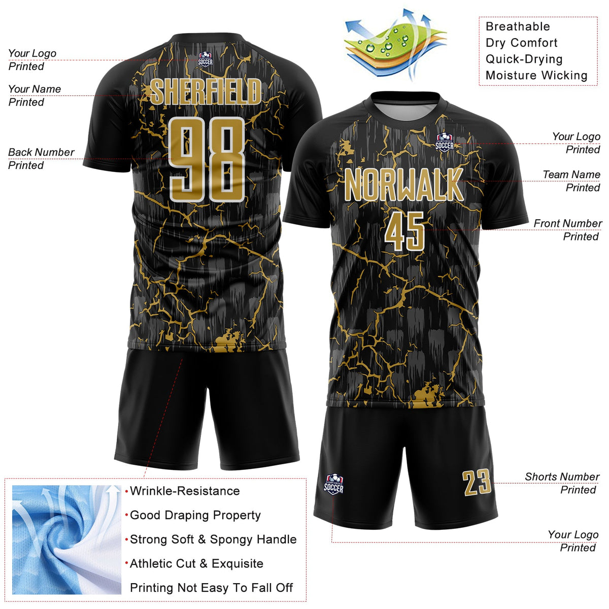 Custom Black Old Gold-White Lightning Sublimation Soccer Uniform Jersey
