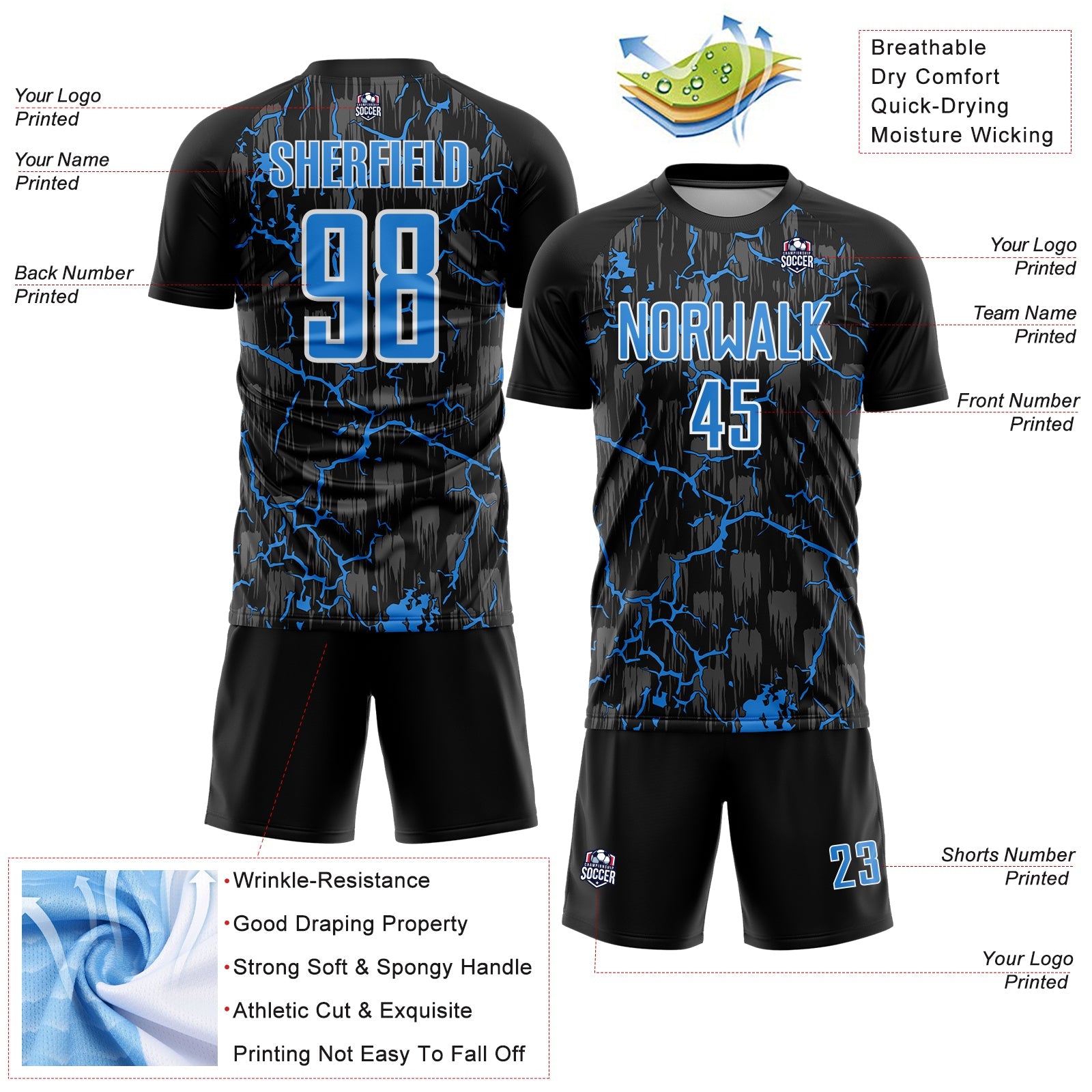 Custom Black Powder Blue-White Lightning Sublimation Soccer Uniform Jersey