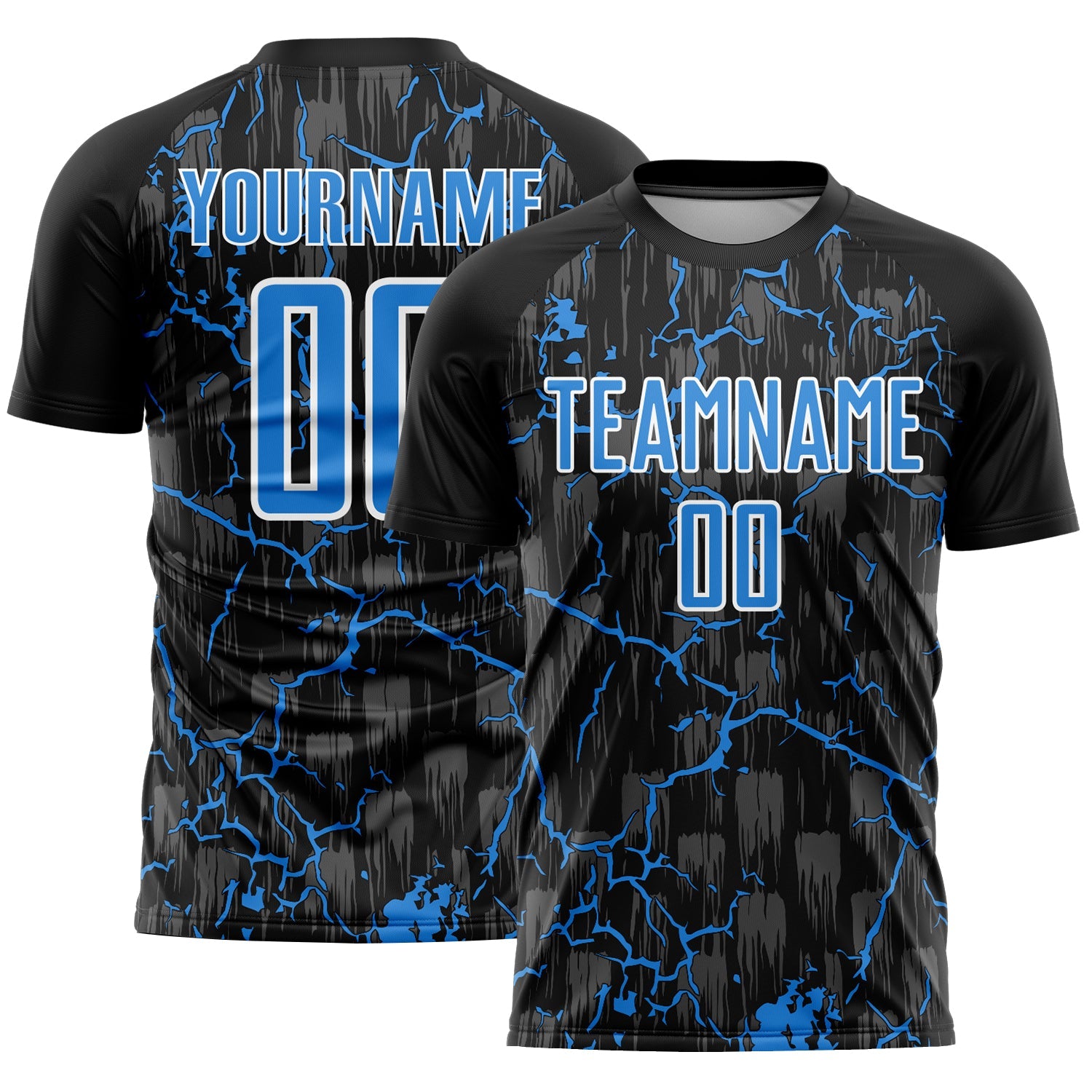Custom Black Powder Blue-White Lightning Sublimation Soccer Uniform Jersey