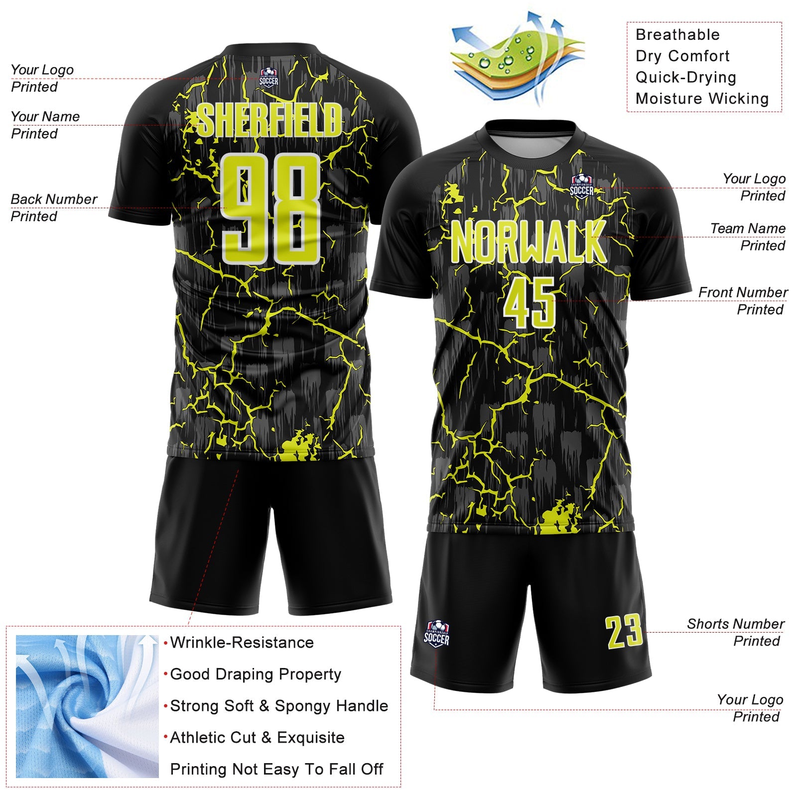 Custom Black Neon Yellow-White Lightning Sublimation Soccer Uniform Jersey