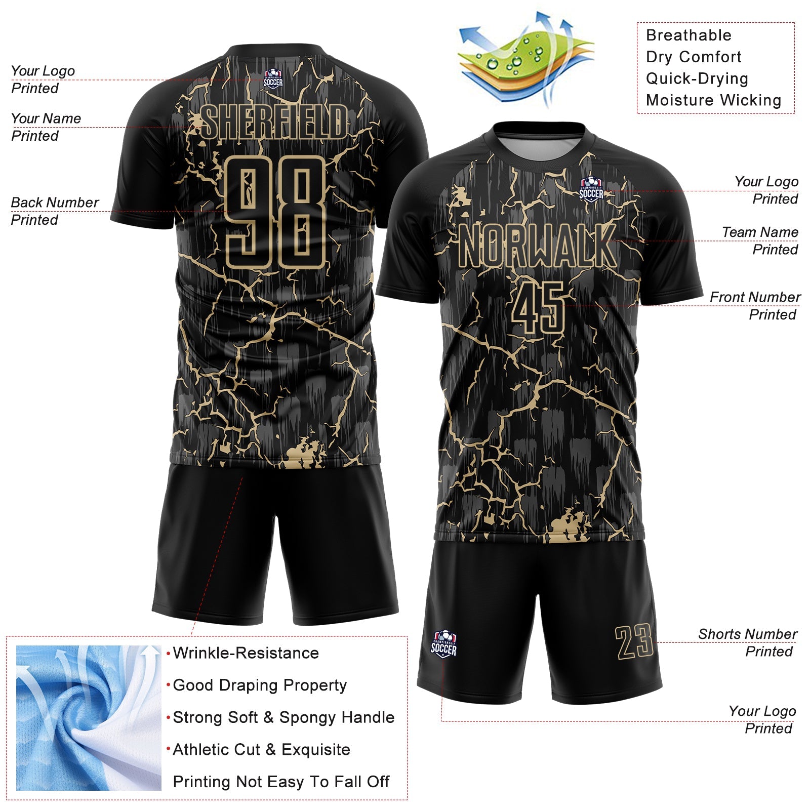 Custom Black Vegas Gold Lightning Sublimation Soccer Uniform Jersey