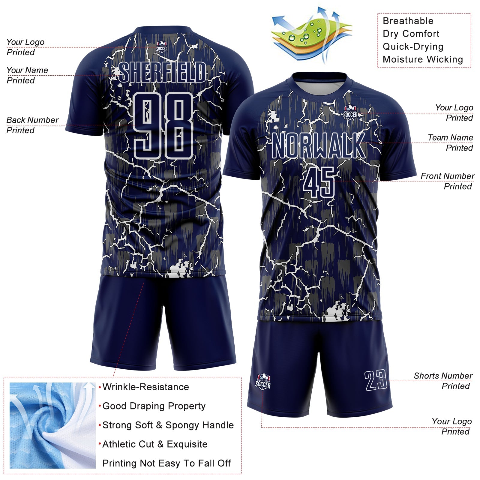 Custom Navy White Lightning Sublimation Soccer Uniform Jersey