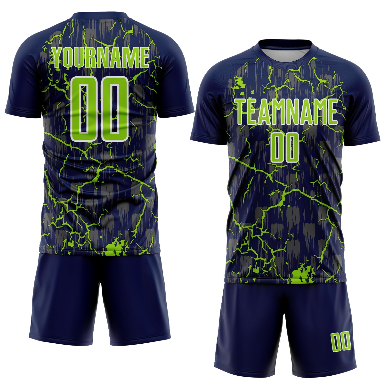 Custom Navy Neon Green-White Lightning Sublimation Soccer Uniform Jersey