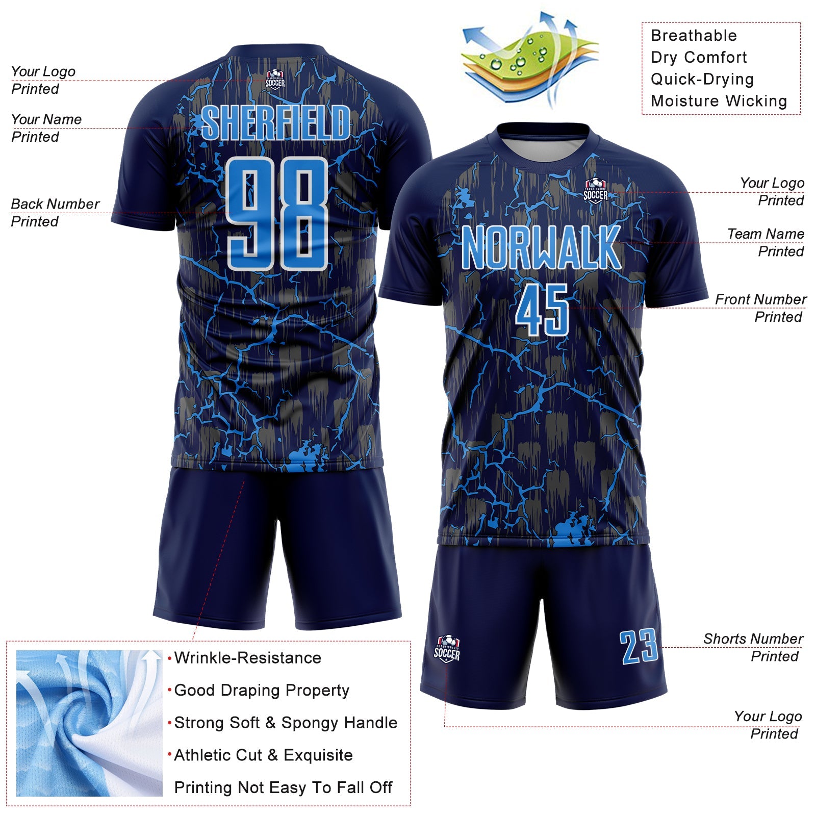 Custom Navy Powder Blue-White Lightning Sublimation Soccer Uniform Jersey