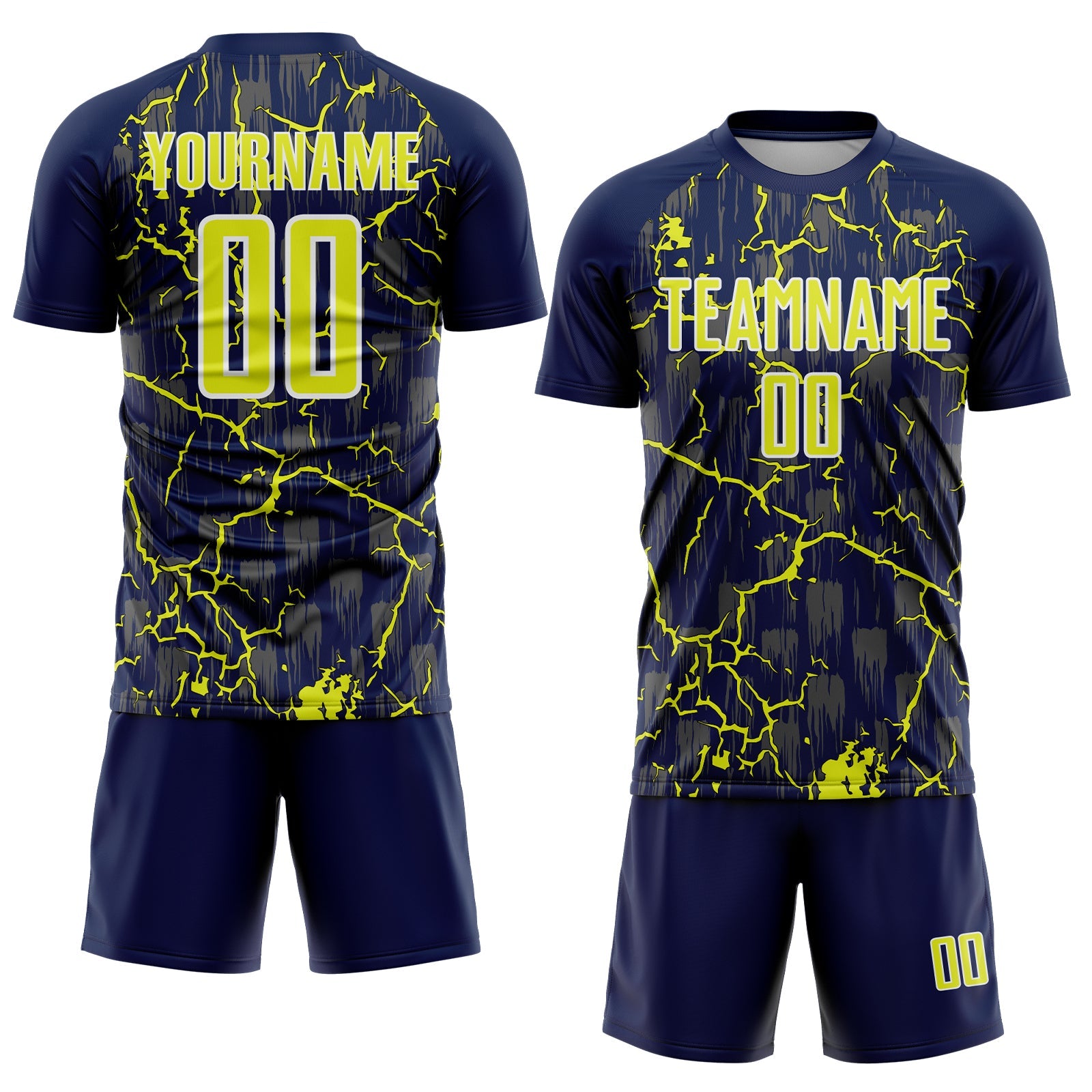 Custom Navy Neon Yellow-White Lightning Sublimation Soccer Uniform Jersey