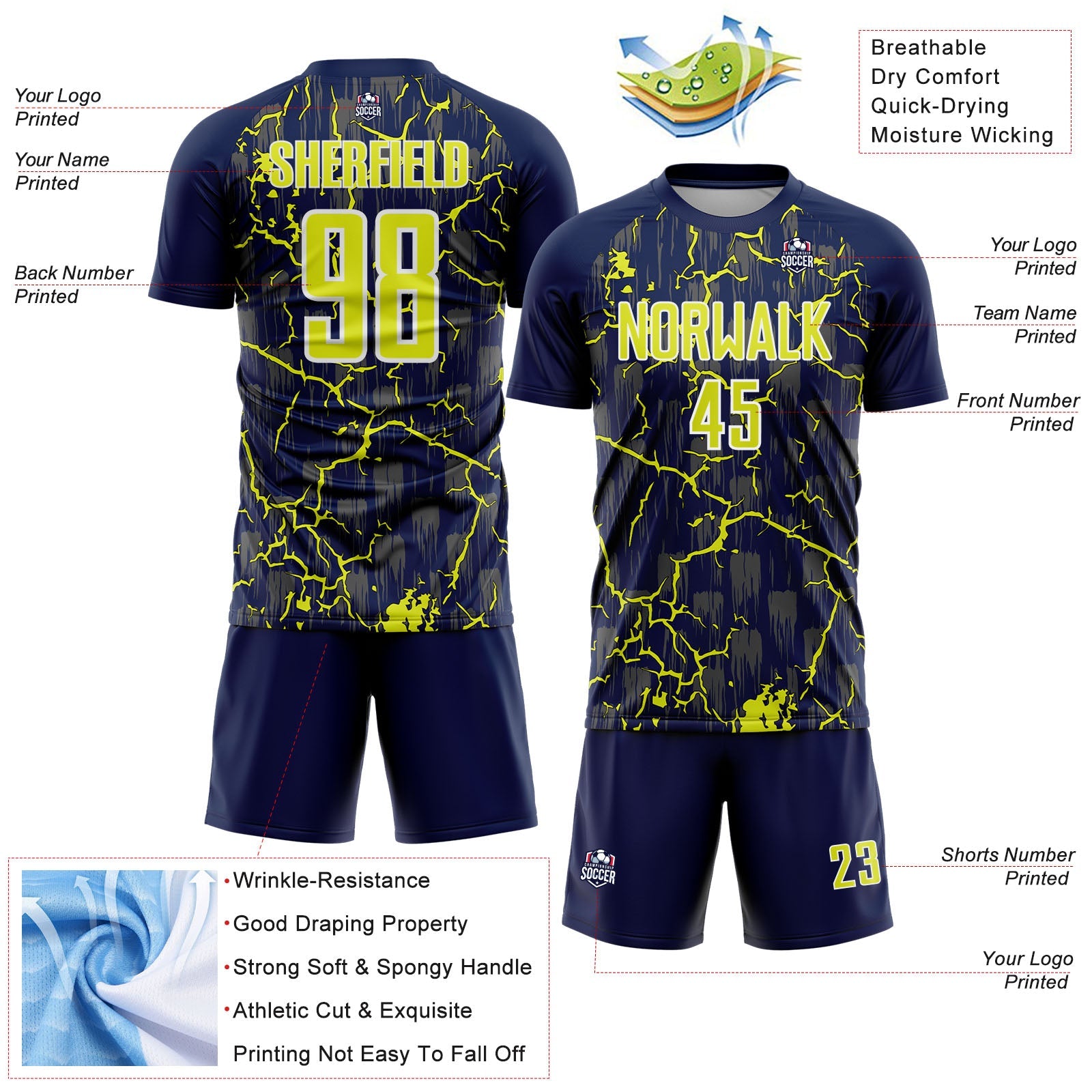 Custom Navy Neon Yellow-White Lightning Sublimation Soccer Uniform Jersey