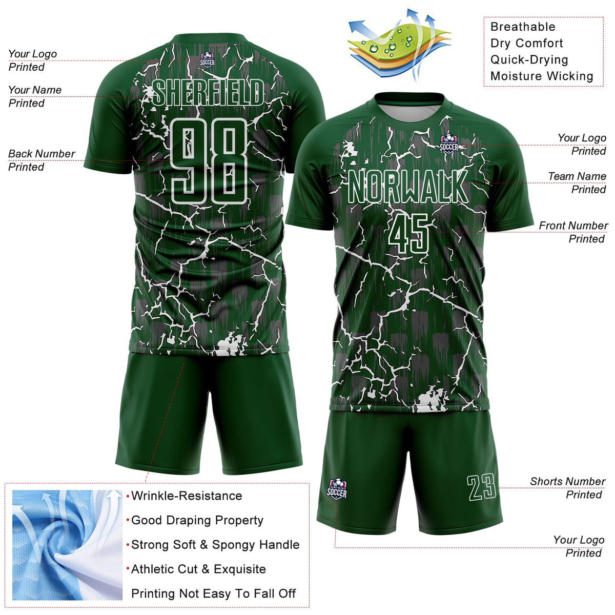 Custom Green White Lightning Sublimation Soccer Uniform Jersey