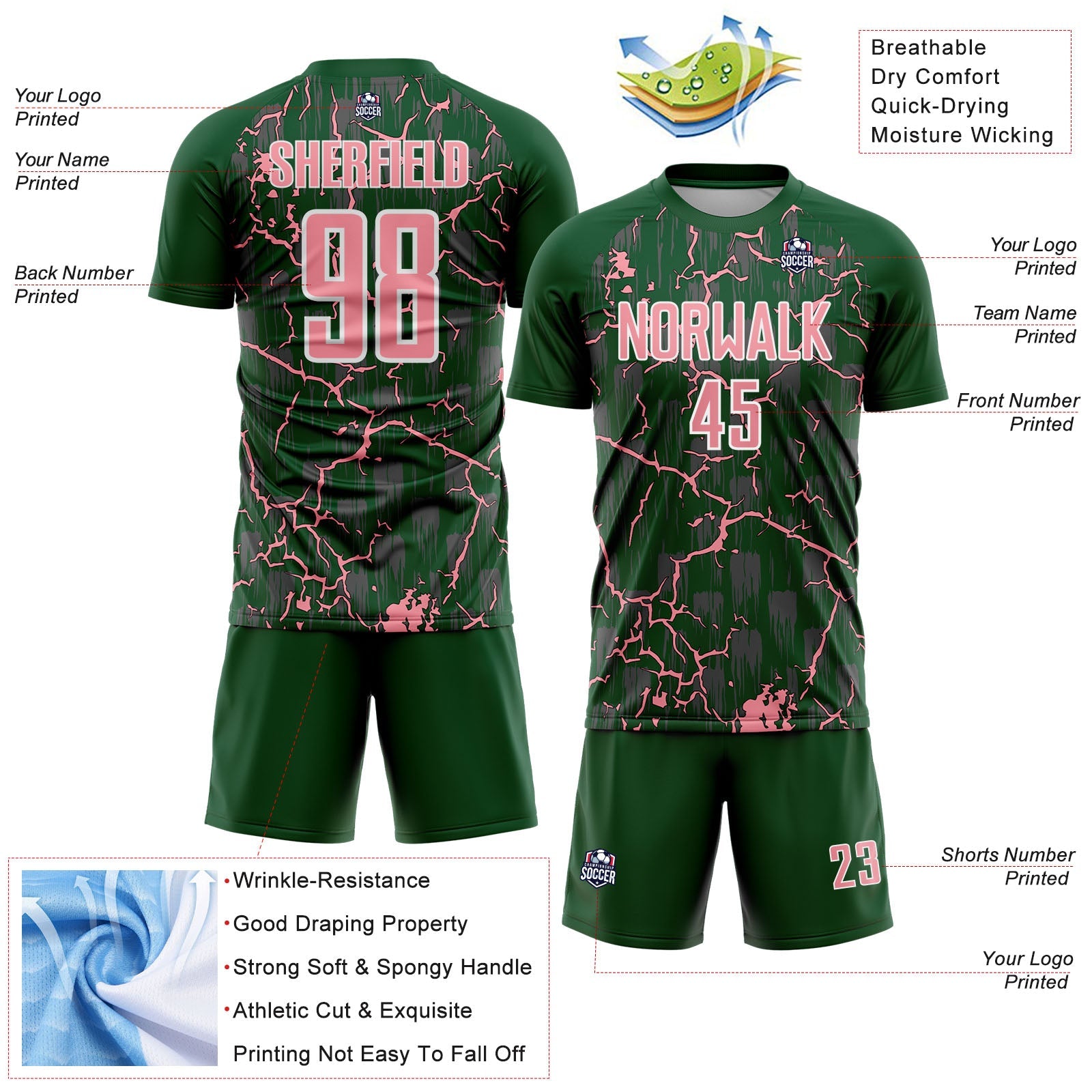 Custom Green Medium Pink-White Lightning Sublimation Soccer Uniform Jersey