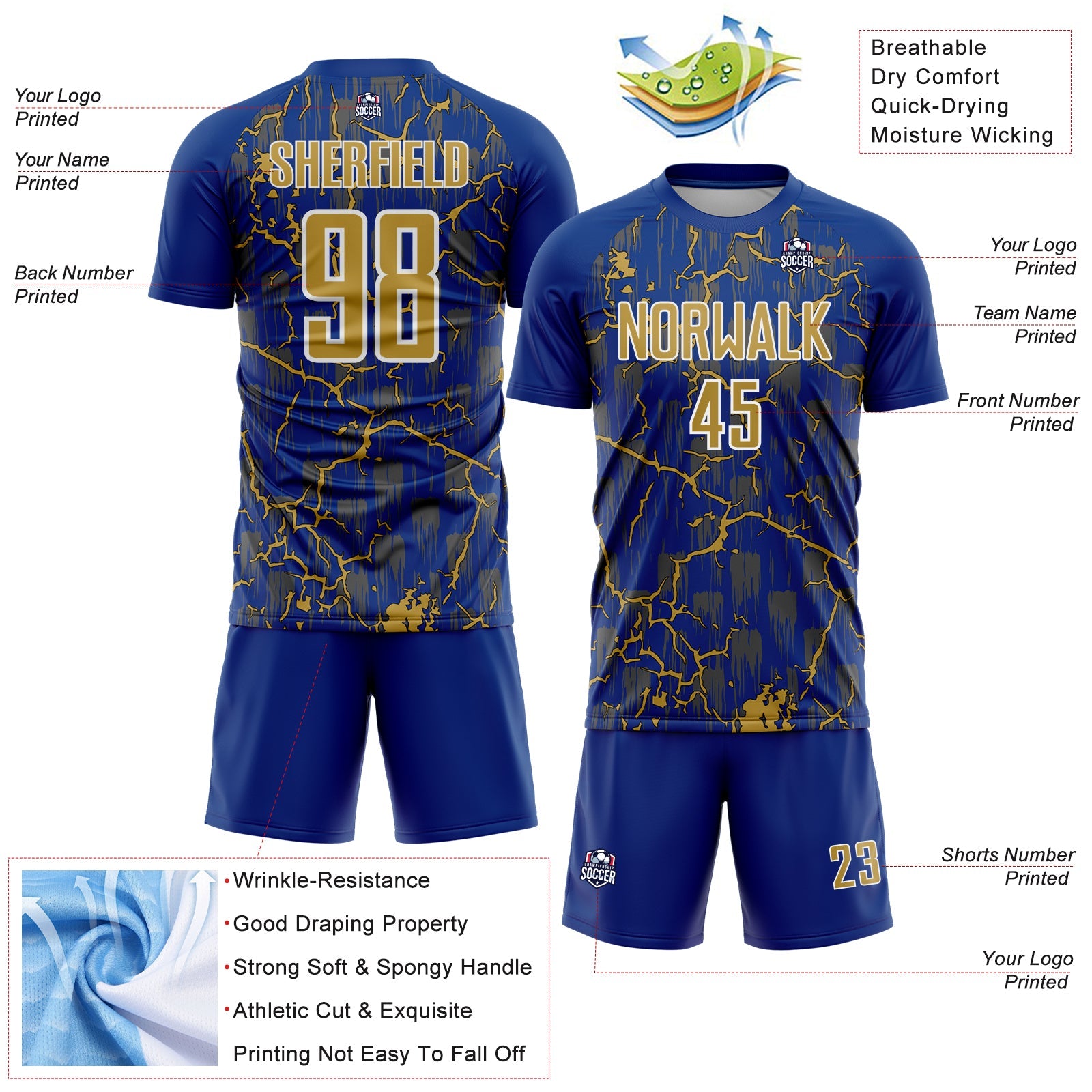 Custom Royal Old Gold-White Lightning Sublimation Soccer Uniform Jersey