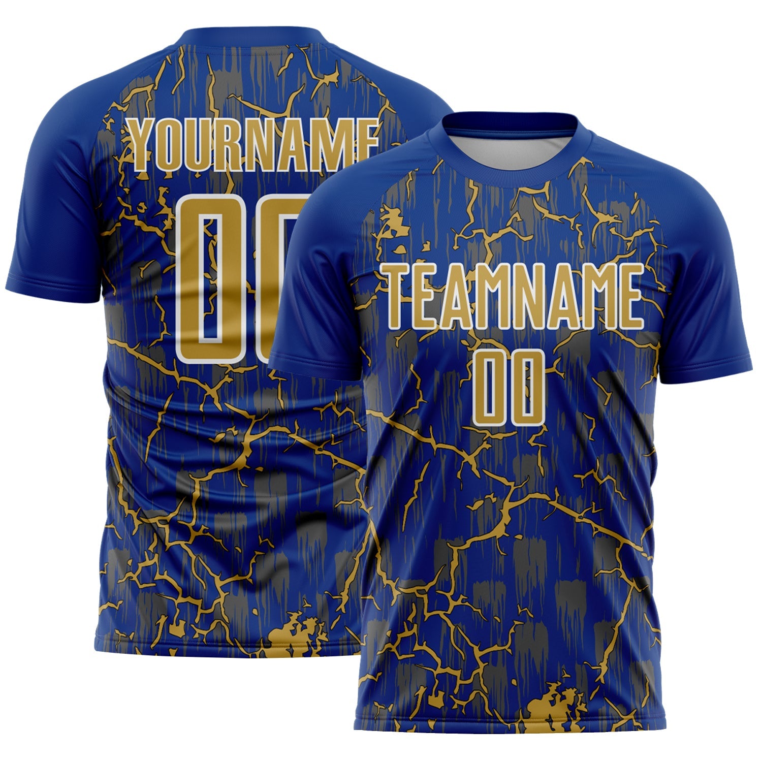 Custom Royal Old Gold-White Lightning Sublimation Soccer Uniform Jersey