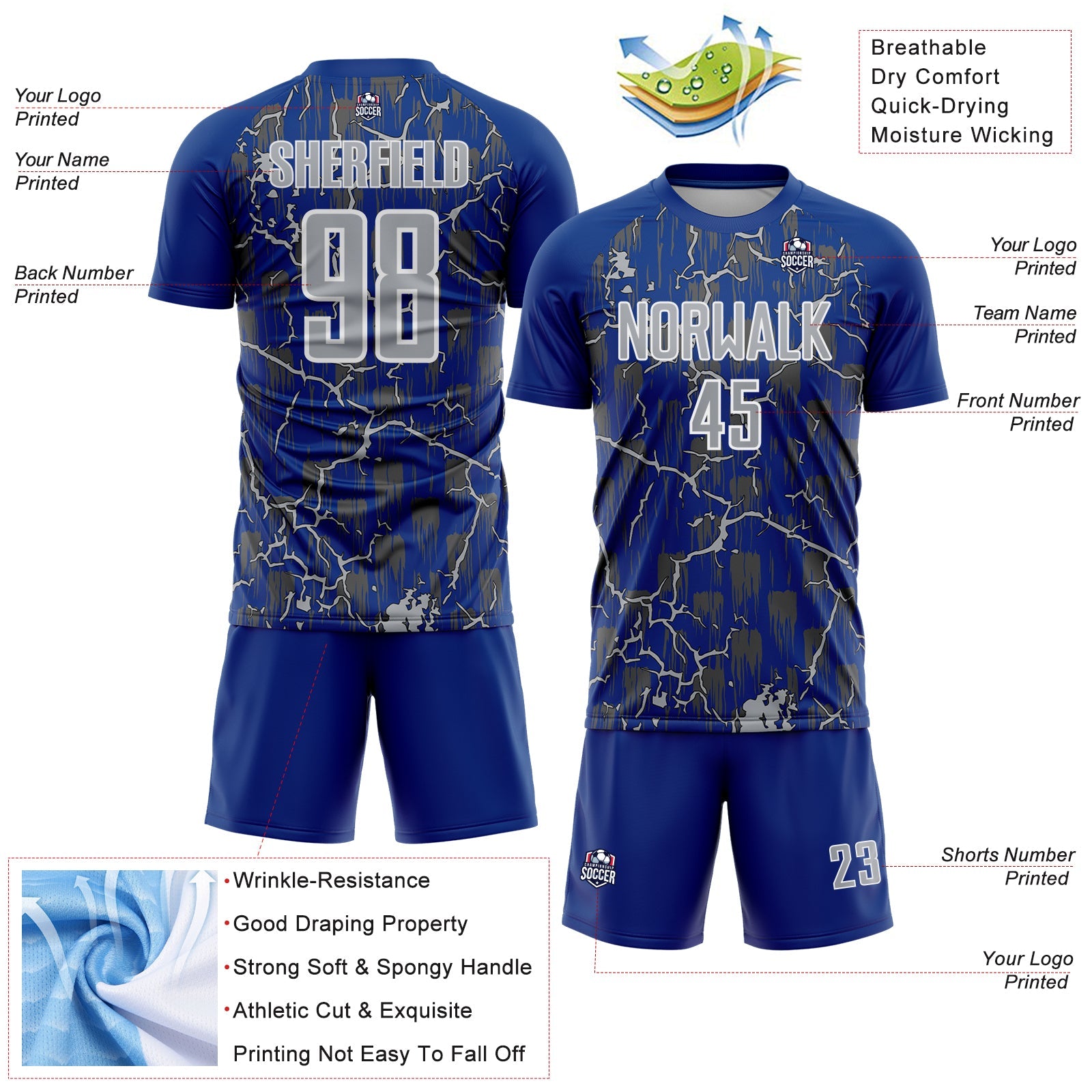 Custom Royal Gray-White Lightning Sublimation Soccer Uniform Jersey