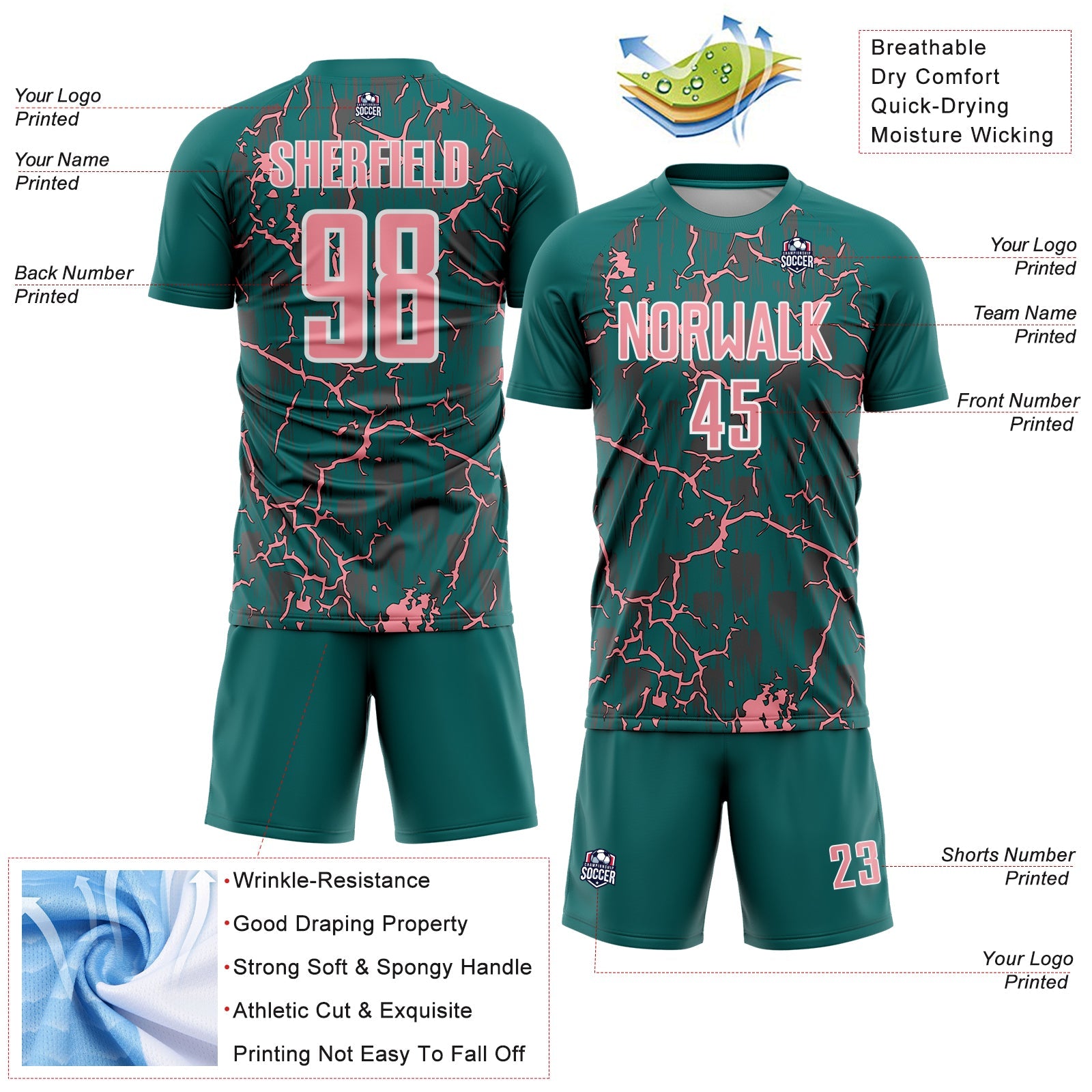 Custom Teal Medium Pink-White Lightning Sublimation Soccer Uniform Jersey