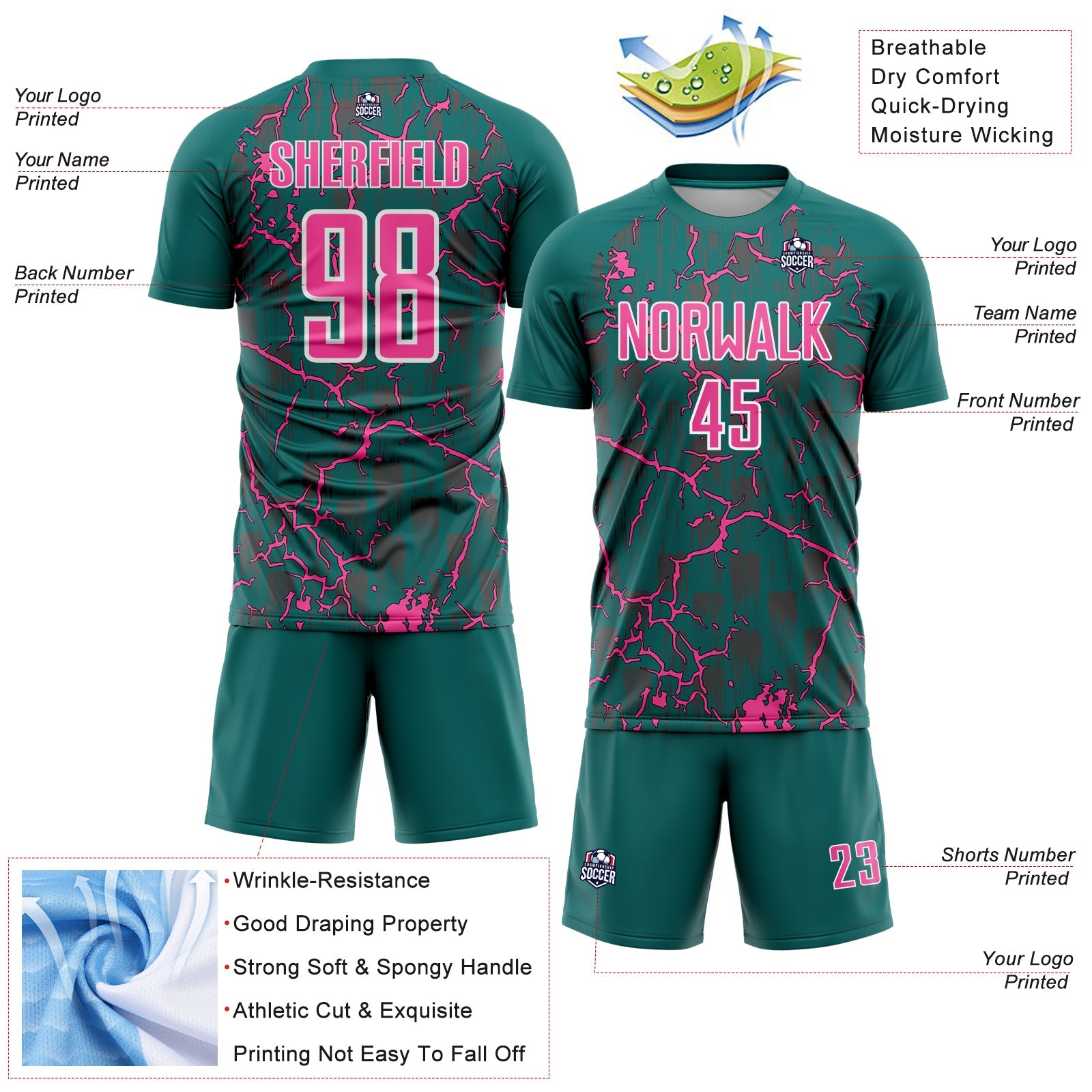 Custom Teal Pink-White Lightning Sublimation Soccer Uniform Jersey