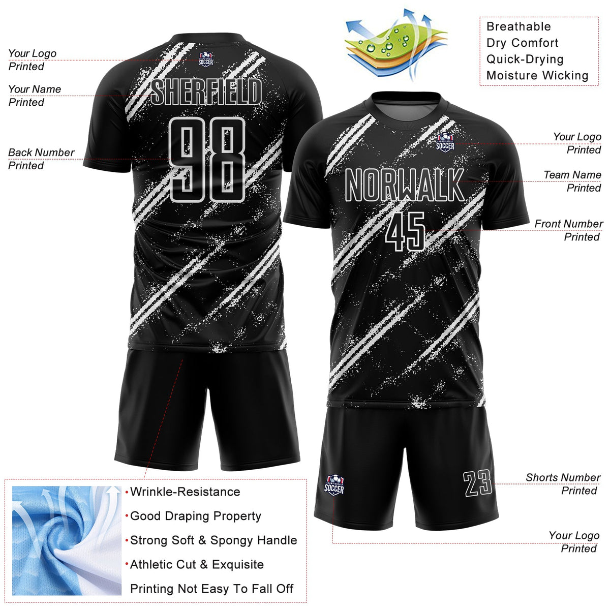 Custom Black White Abstract Fragment Art Splash Sublimation Soccer Uniform Jersey