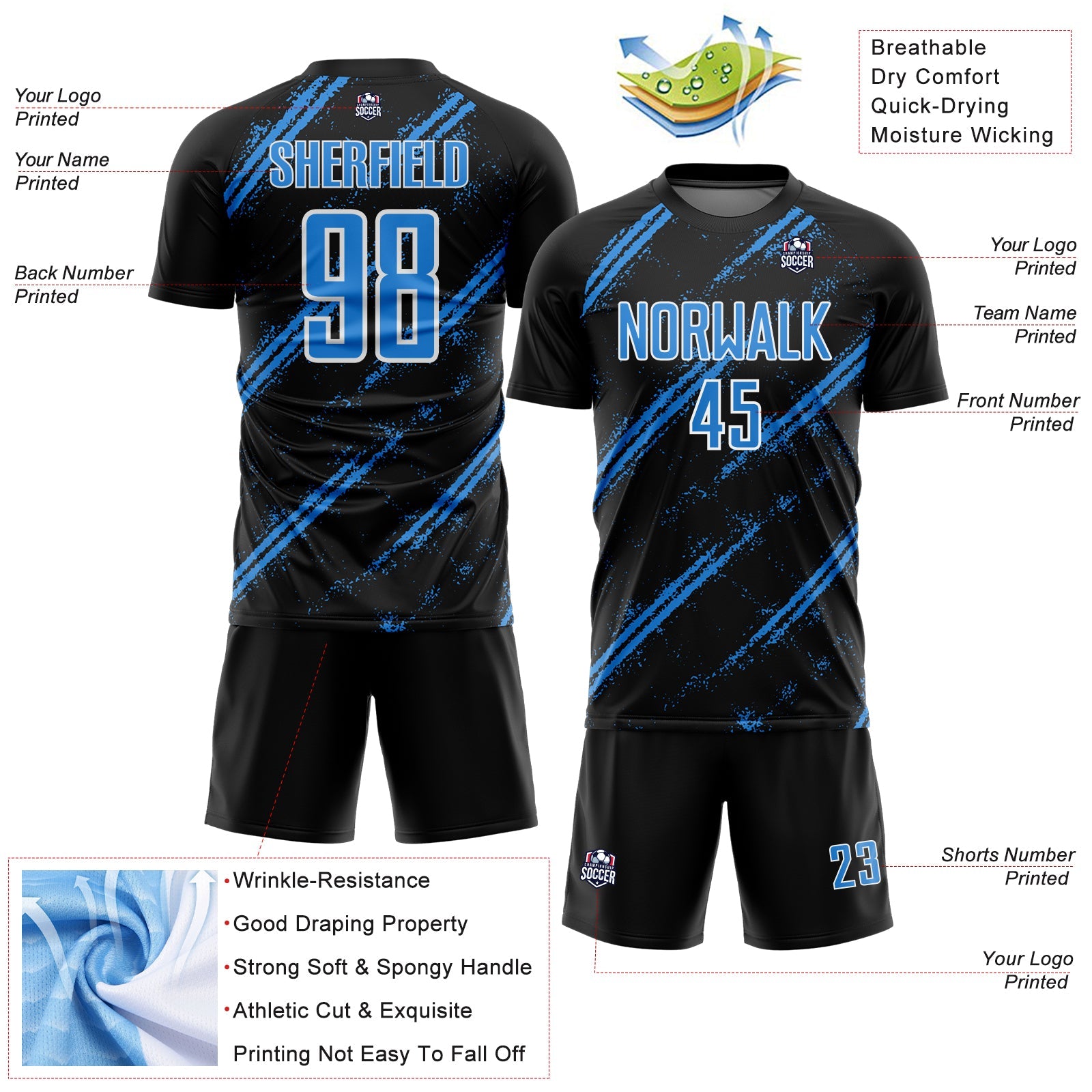 Custom Black Powder Blue-White Abstract Fragment Art Splash Sublimation Soccer Uniform Jersey