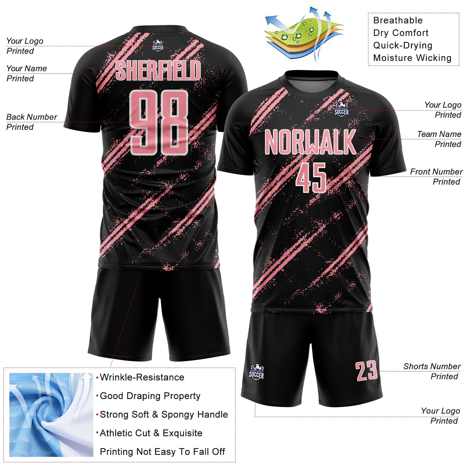 Custom Black Medium Pink-White Abstract Fragment Art Splash Sublimation Soccer Uniform Jersey