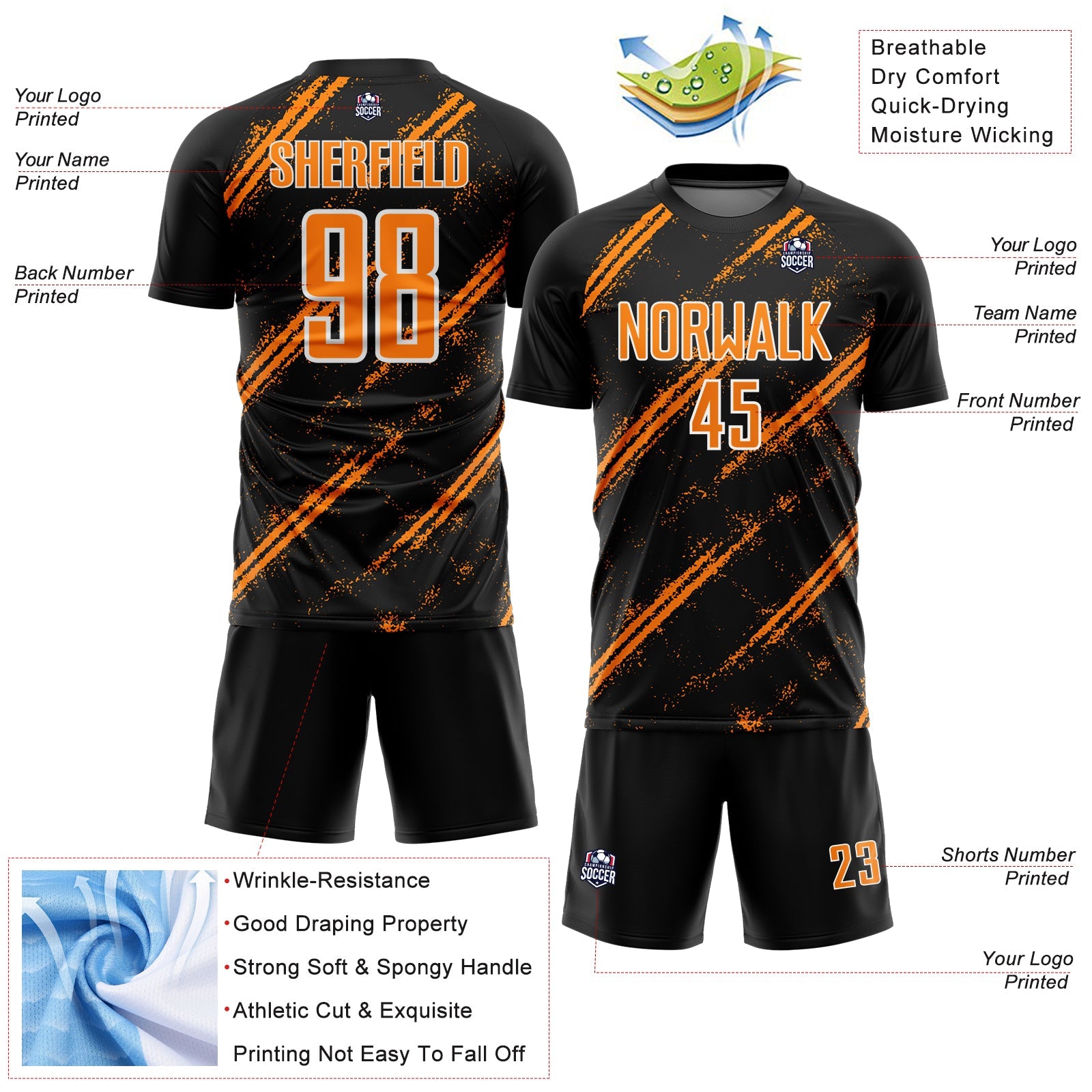 Custom Black Bay Orange-White Abstract Fragment Art Splash Sublimation Soccer Uniform Jersey