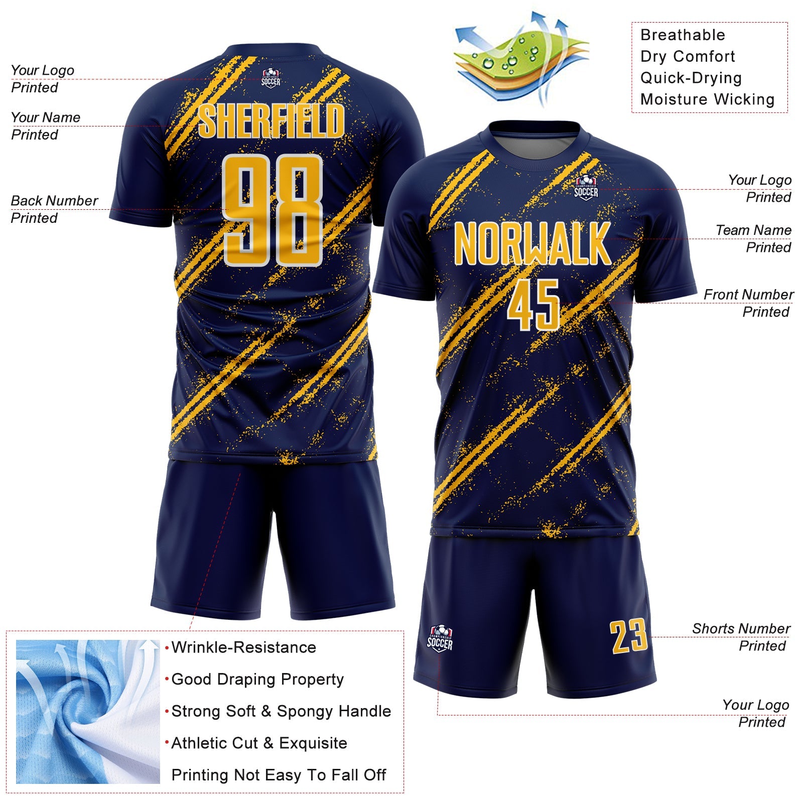 Custom Navy Gold-White Abstract Fragment Art Splash Sublimation Soccer Uniform Jersey