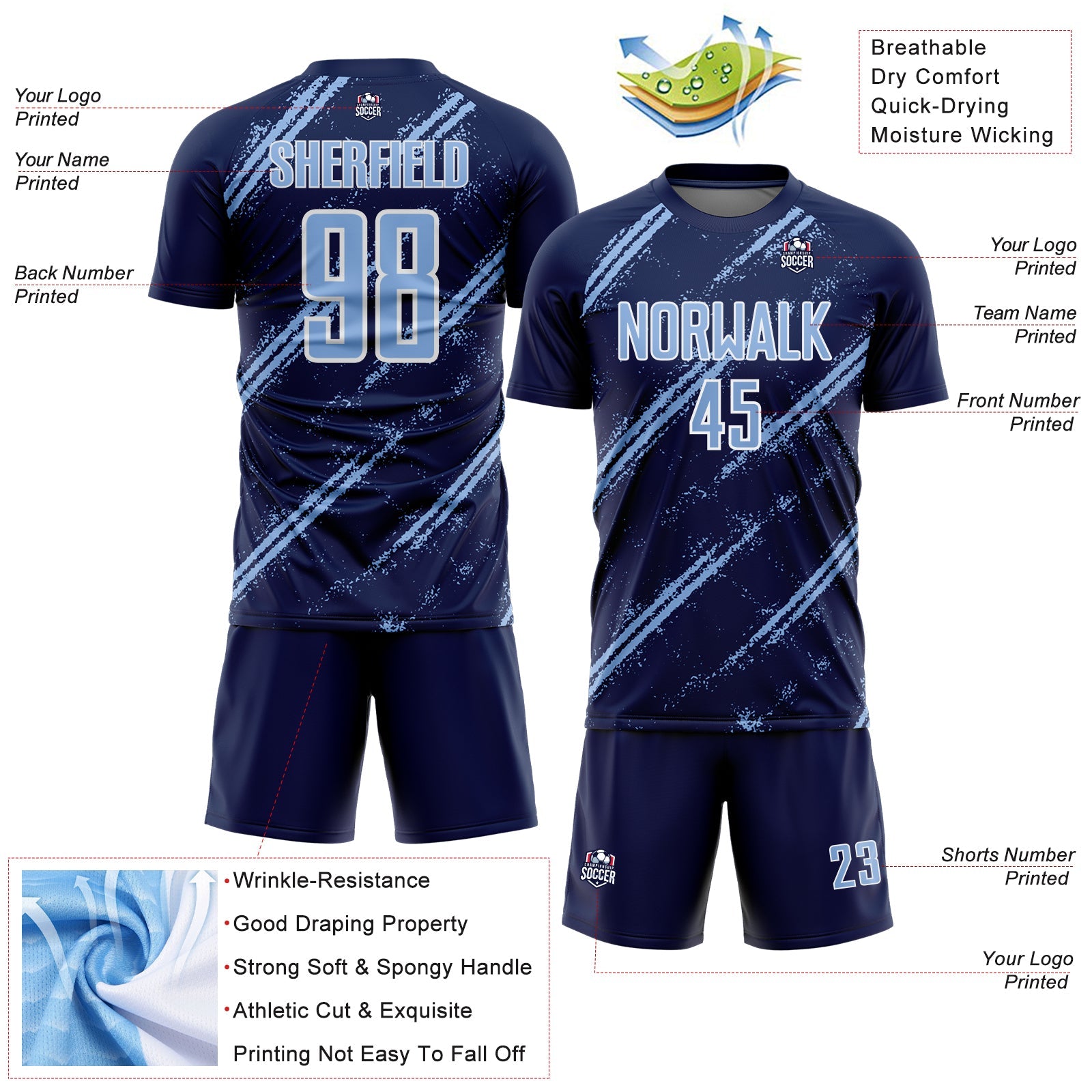 Custom Navy Light Blue-White Abstract Fragment Art Splash Sublimation Soccer Uniform Jersey