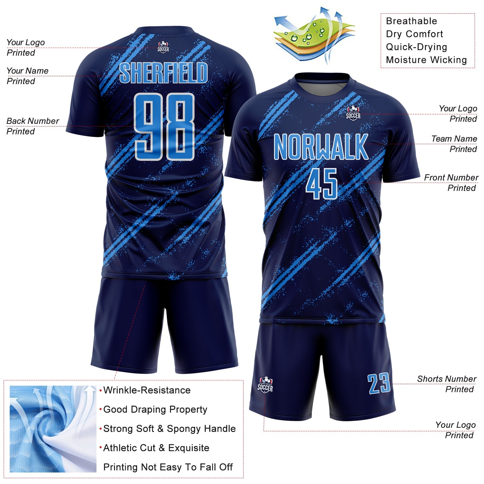 Custom Navy Powder Blue-White Abstract Fragment Art Splash Sublimation Soccer Uniform Jersey