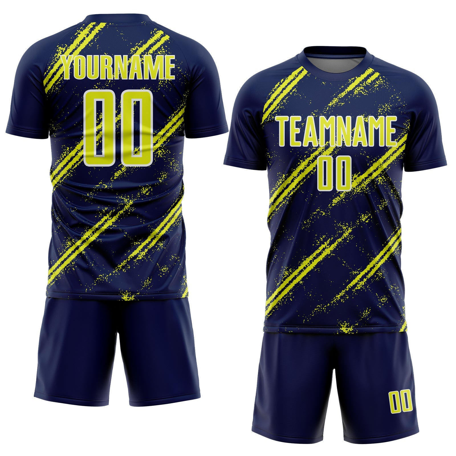 Custom Navy Neon Yellow-White Abstract Fragment Art Splash Sublimation Soccer Uniform Jersey
