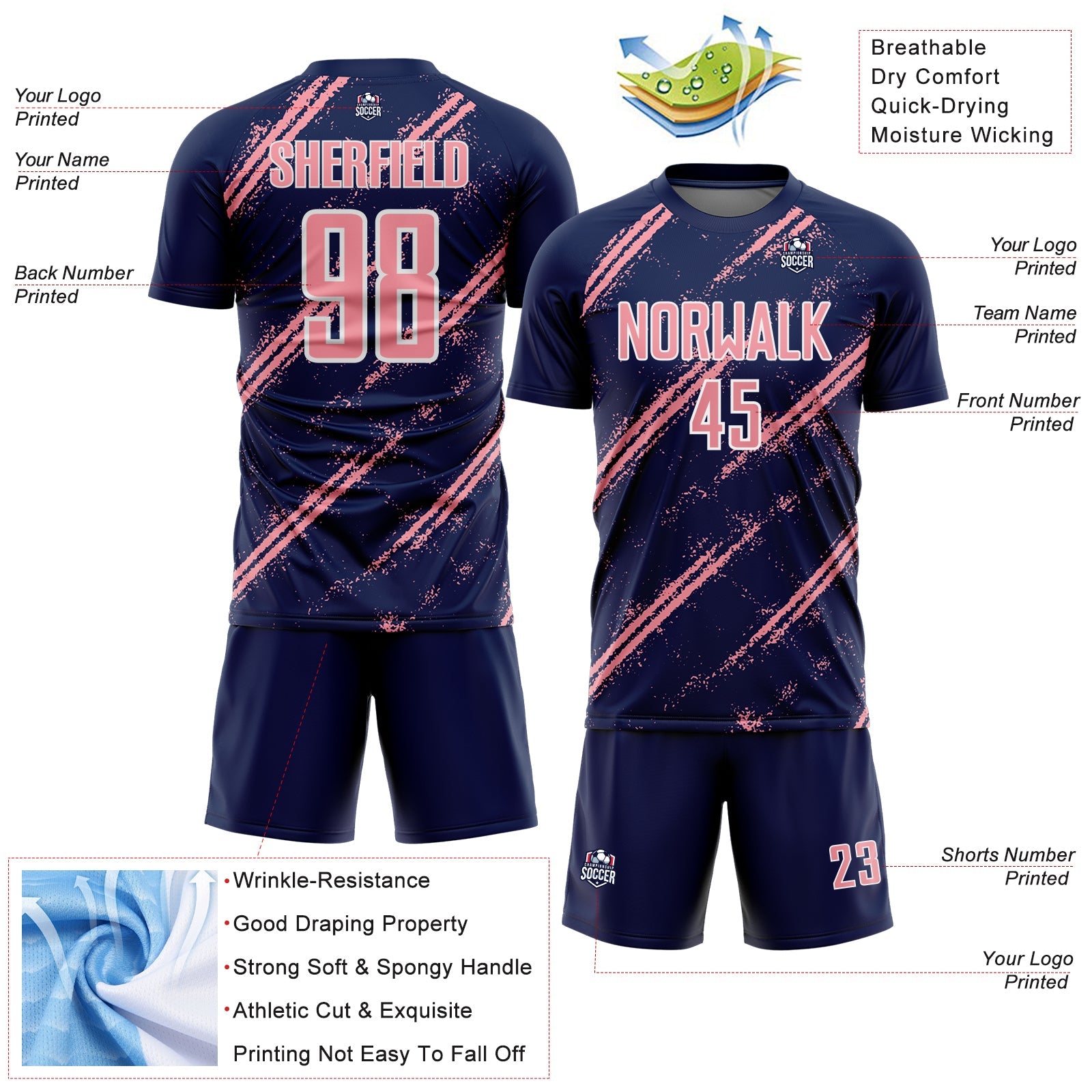 Custom Navy Medium Pink-White Abstract Fragment Art Splash Sublimation Soccer Uniform Jersey