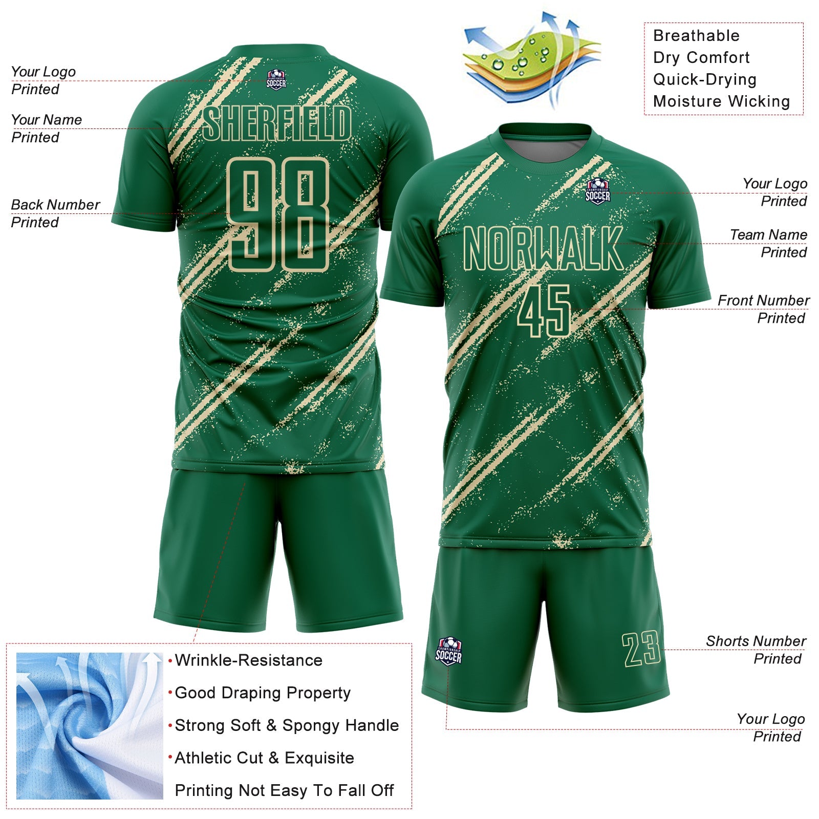 Custom Kelly Green Cream Abstract Fragment Art Splash Sublimation Soccer Uniform Jersey