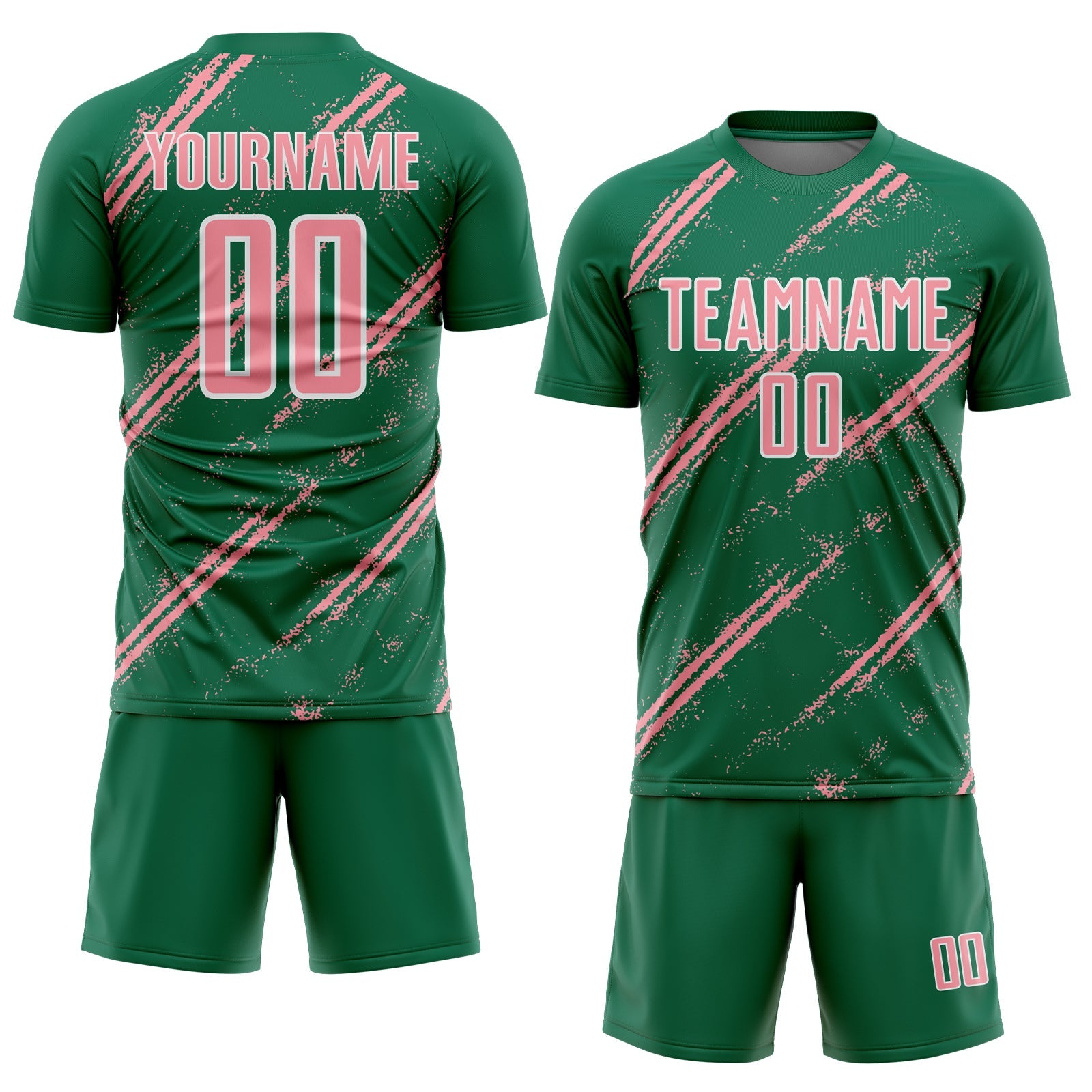 Custom Kelly Green Medium Pink-White Abstract Fragment Art Splash Sublimation Soccer Uniform Jersey