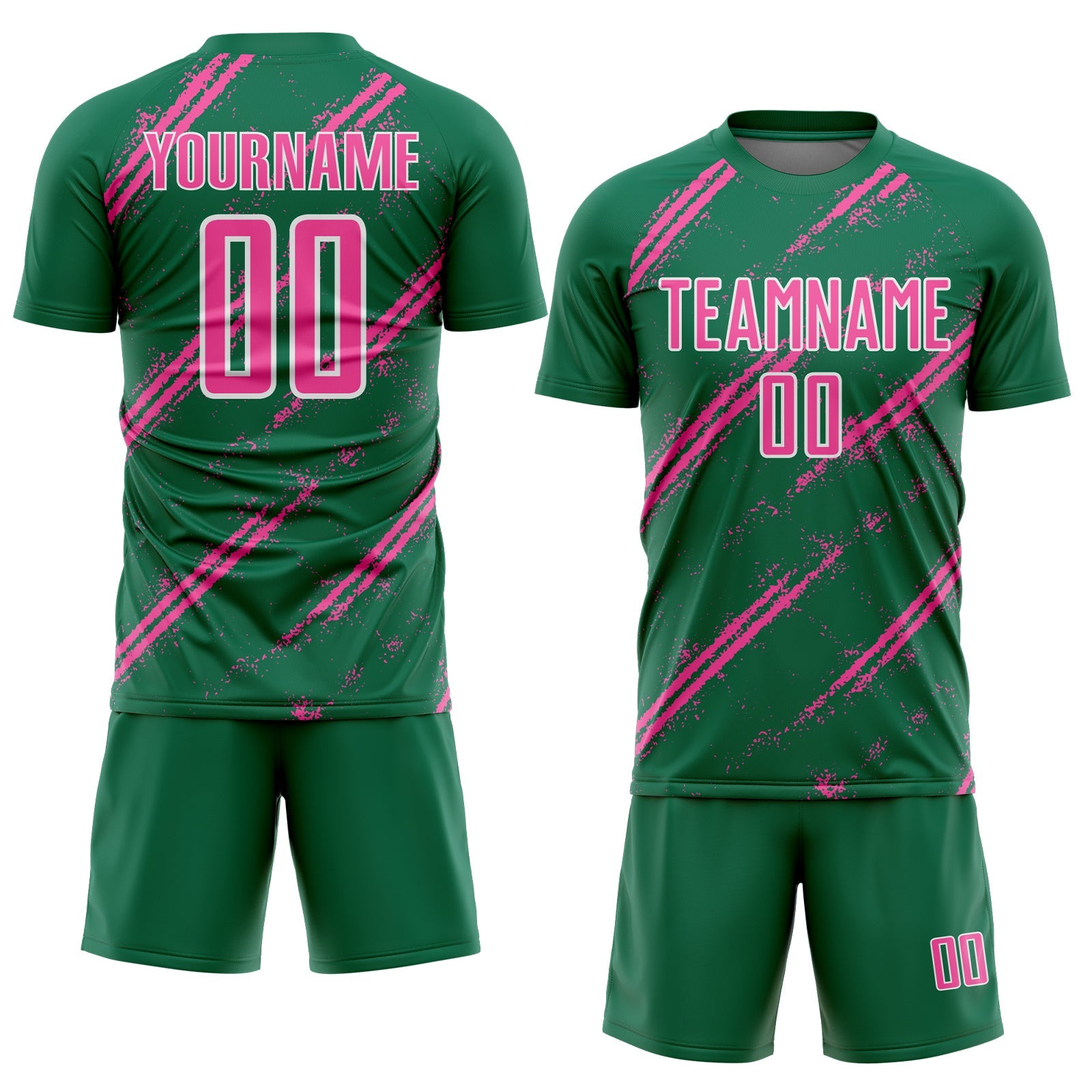 Custom Kelly Green Pink-White Abstract Fragment Art Splash Sublimation Soccer Uniform Jersey