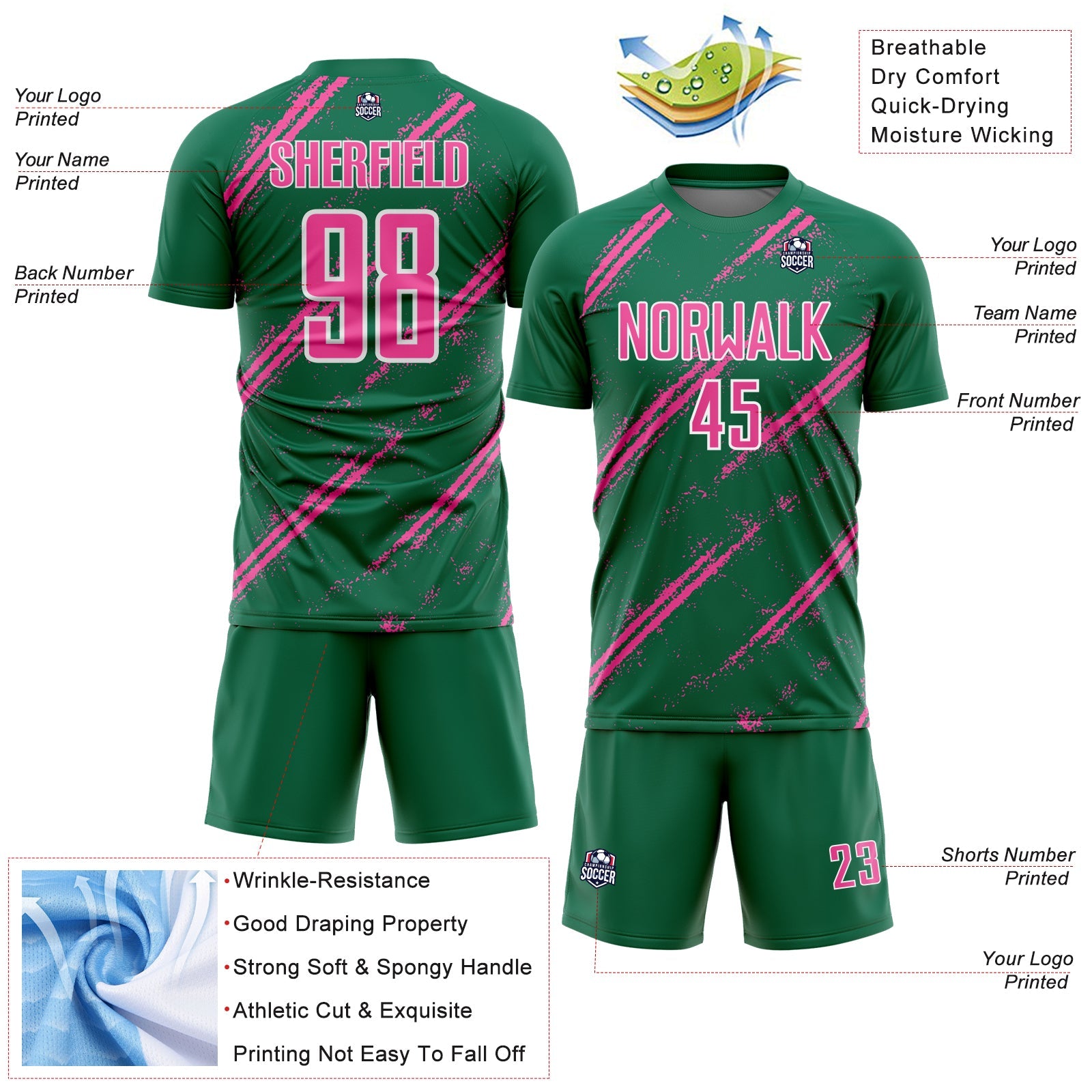 Custom Kelly Green Pink-White Abstract Fragment Art Splash Sublimation Soccer Uniform Jersey