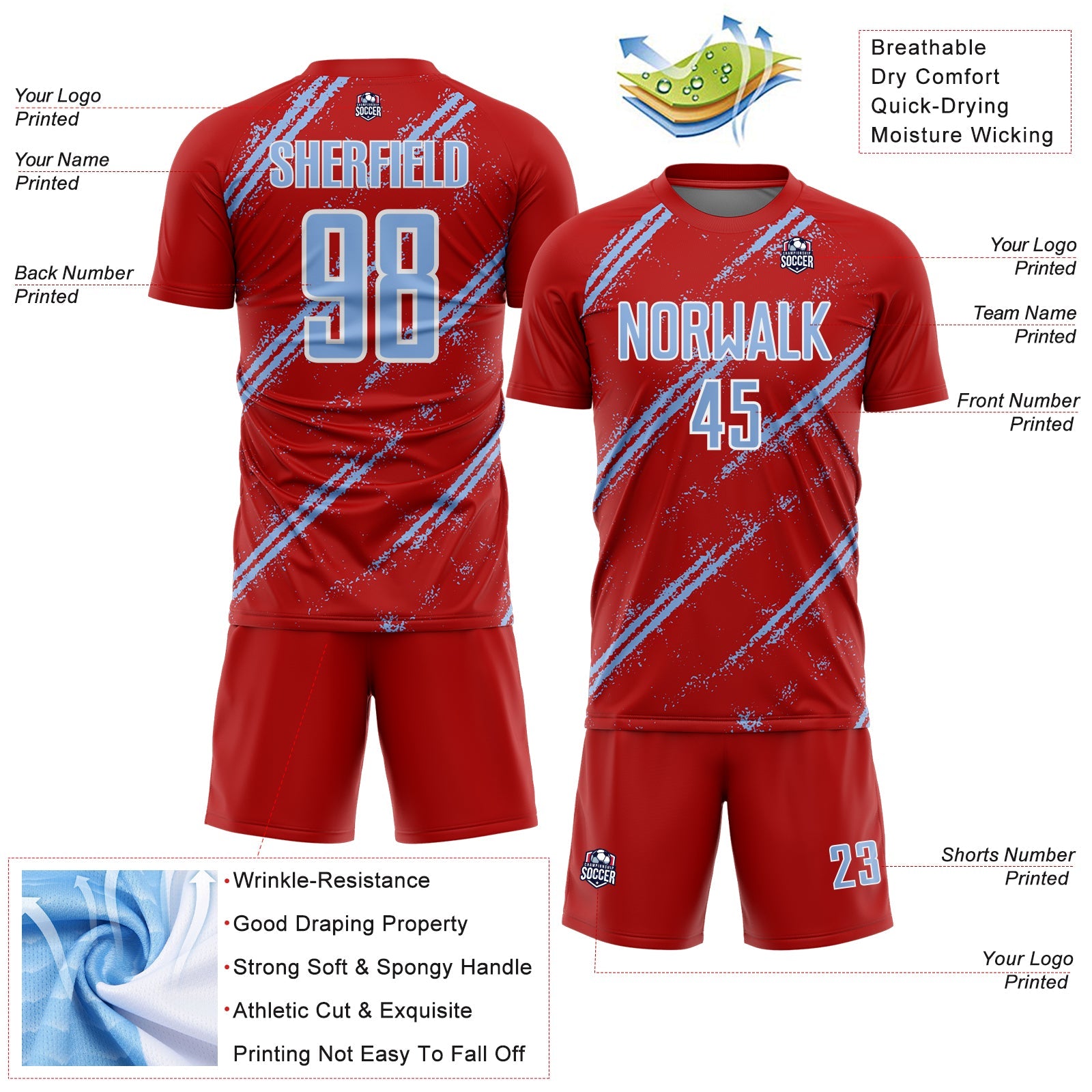 Custom Red Light Blue-White Abstract Fragment Art Splash Sublimation Soccer Uniform Jersey