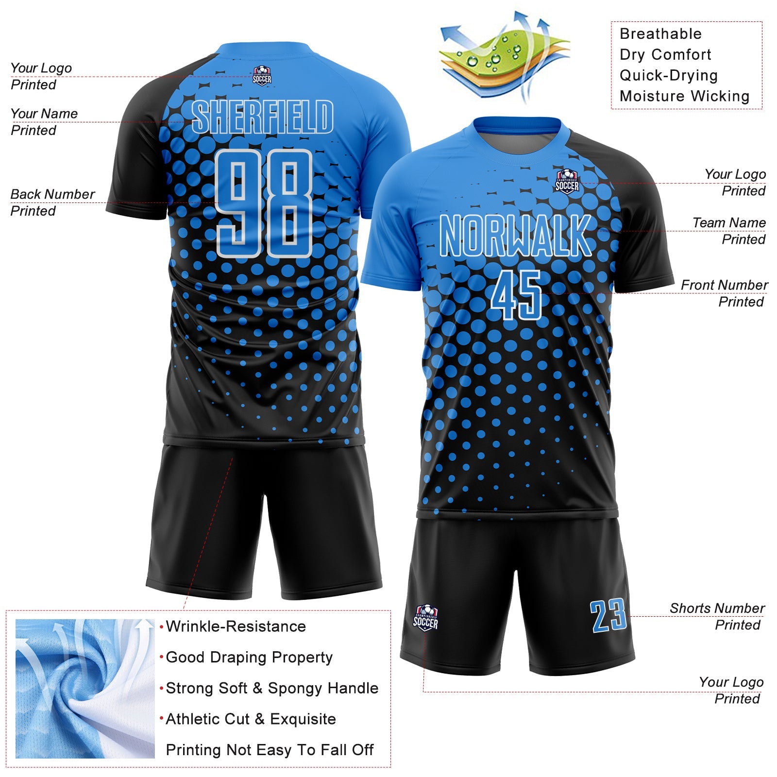 Custom Black Powder Blue-White Modern Polka Dot Sublimation Soccer Uniform Jersey