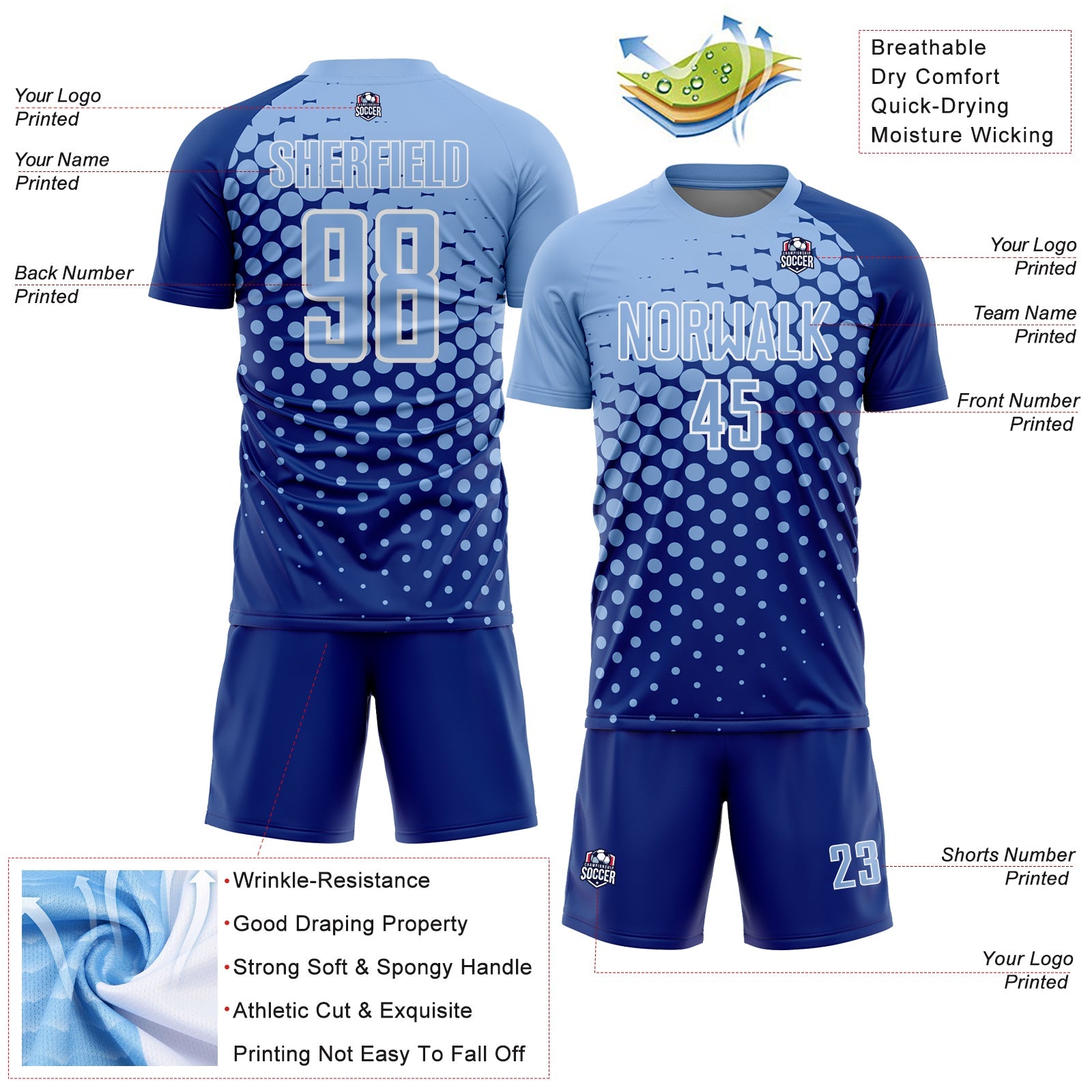 Custom Royal Light Blue-White Modern Polka Dot Sublimation Soccer Uniform Jersey