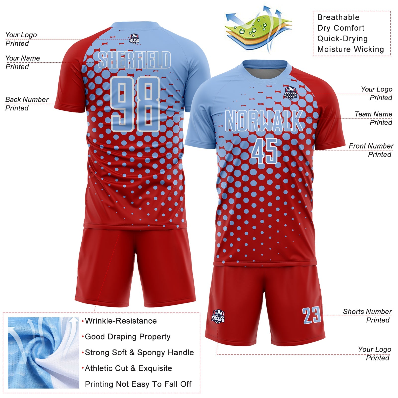 Custom Red Light Blue-White Modern Polka Dot Sublimation Soccer Uniform Jersey