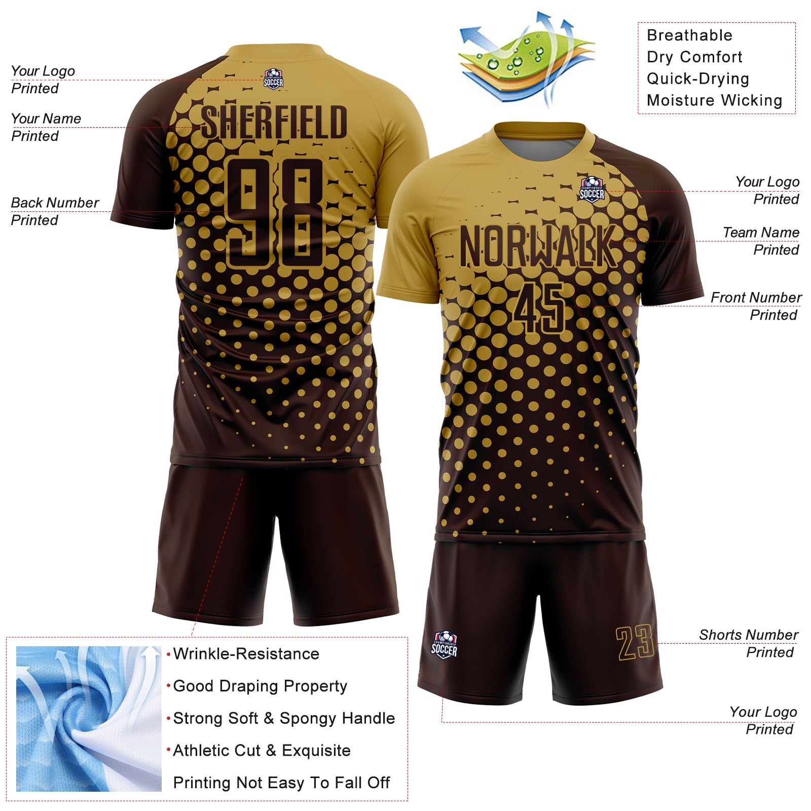 Custom Brown Old Gold Modern Polka Dot Sublimation Soccer Uniform Jersey