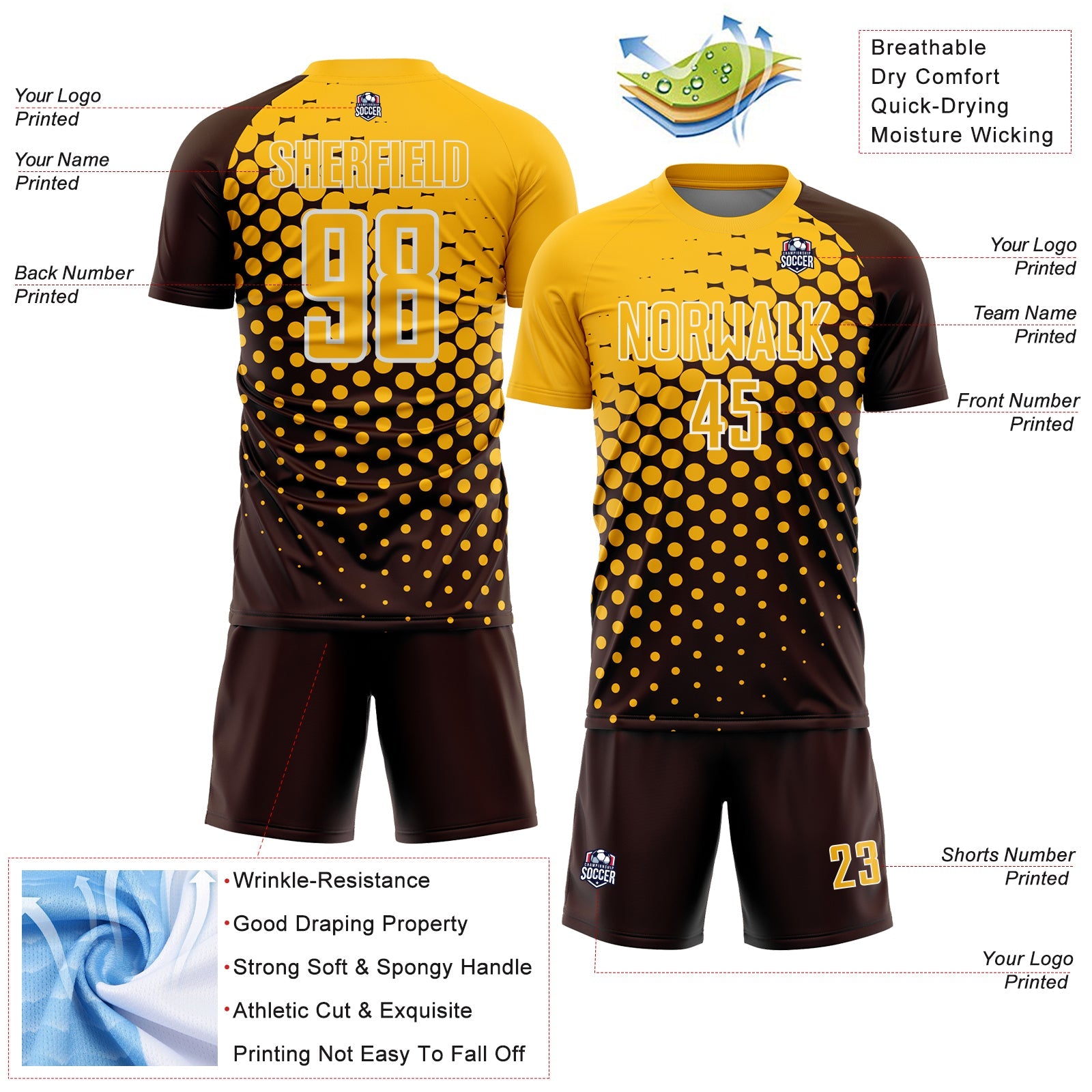 Custom Brown Gold-White Modern Polka Dot Sublimation Soccer Uniform Jersey