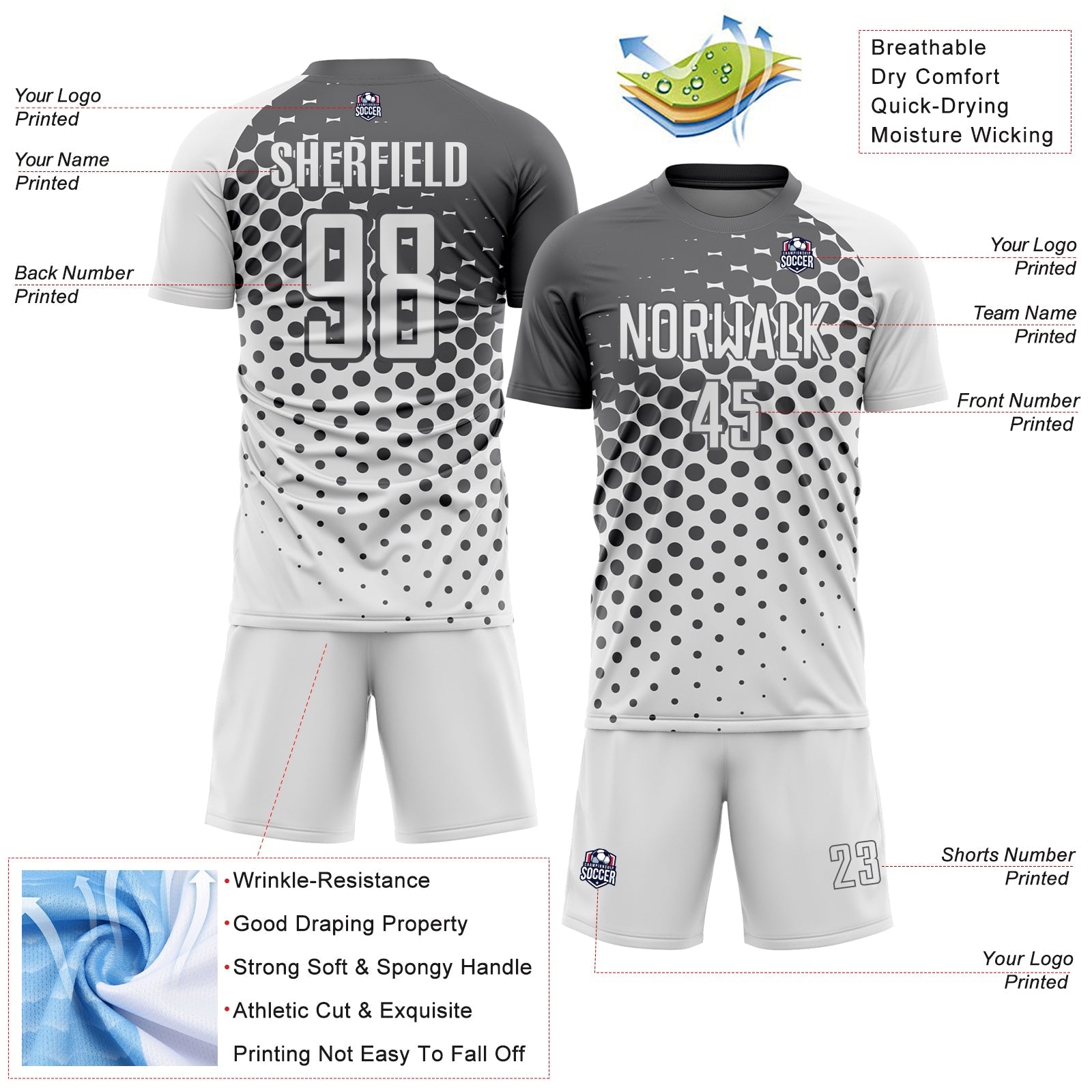 Custom White Steel Gray Modern Polka Dot Sublimation Soccer Uniform Jersey