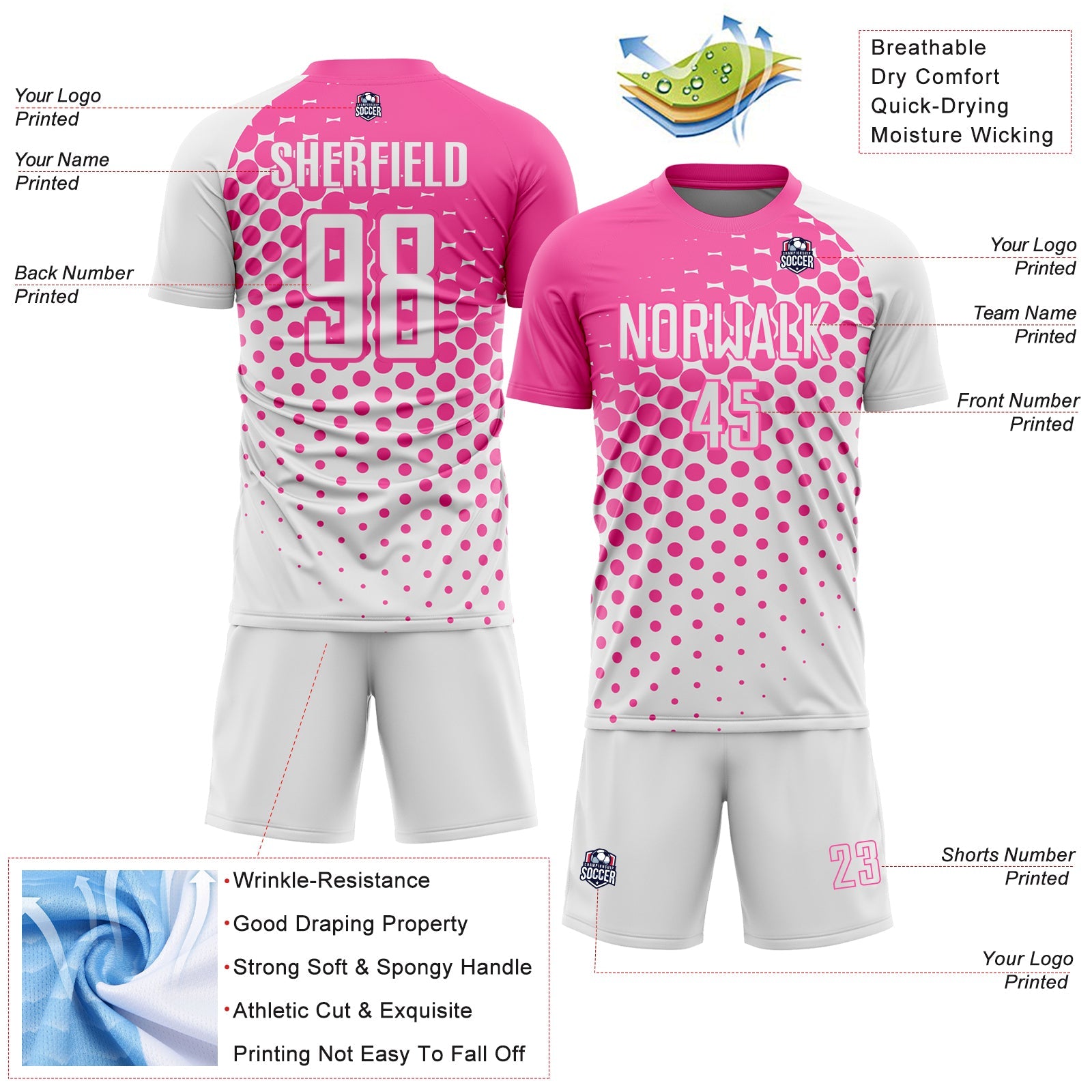 Custom White Pink Modern Polka Dot Sublimation Soccer Uniform Jersey