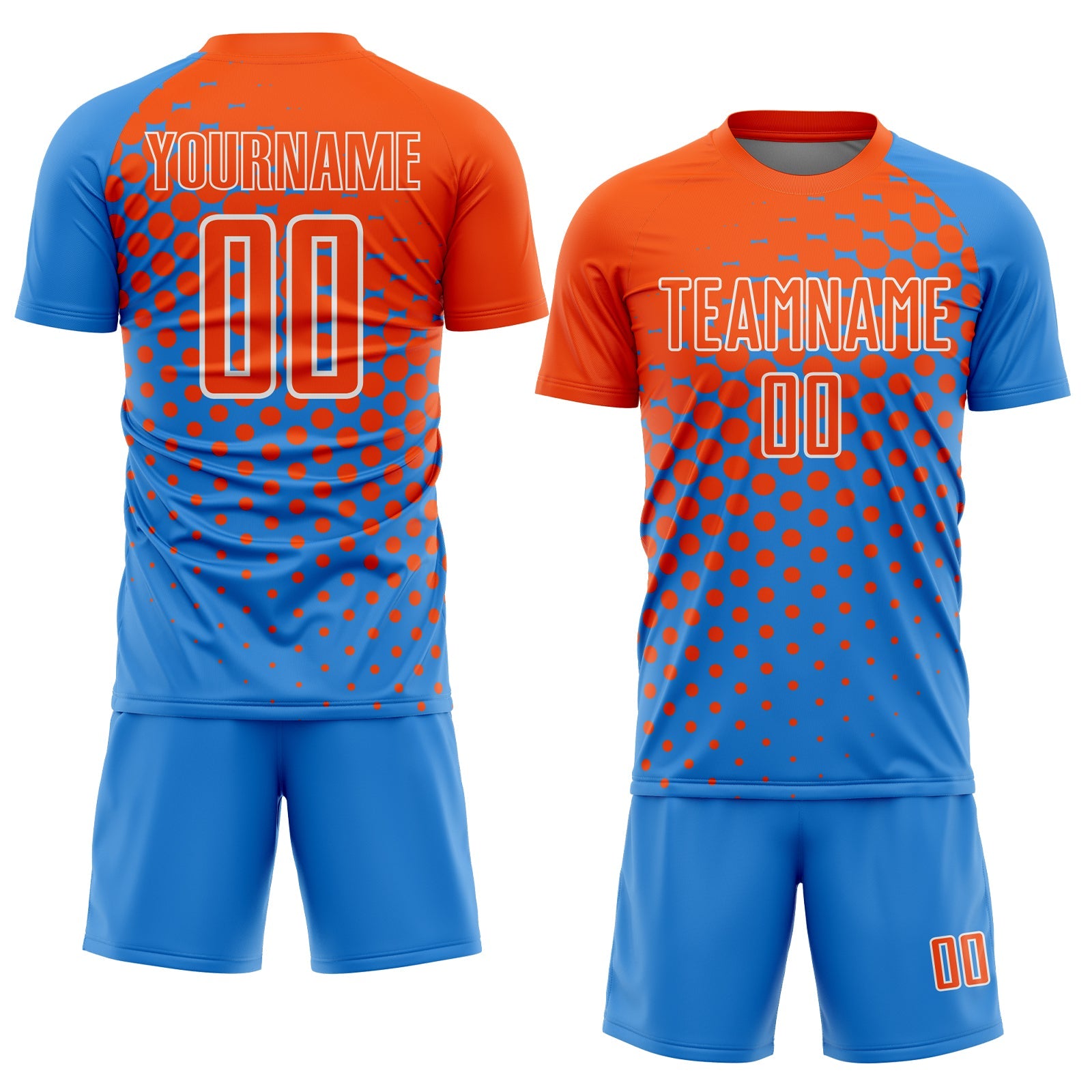 Custom Powder Blue Orange-White Modern Polka Dot Sublimation Soccer Uniform Jersey