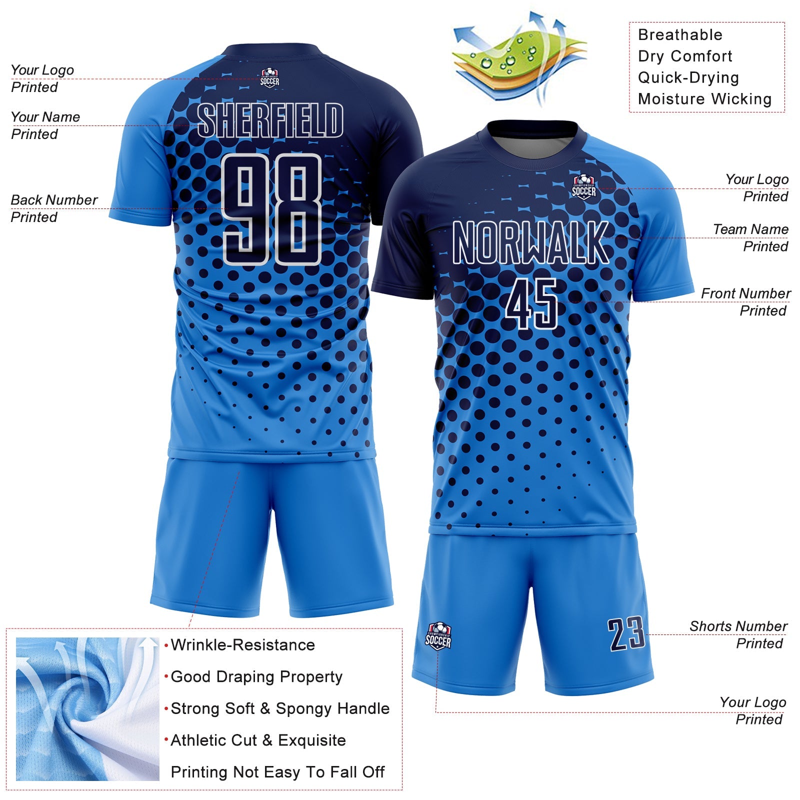 Custom Powder Blue Navy-White Modern Polka Dot Sublimation Soccer Uniform Jersey