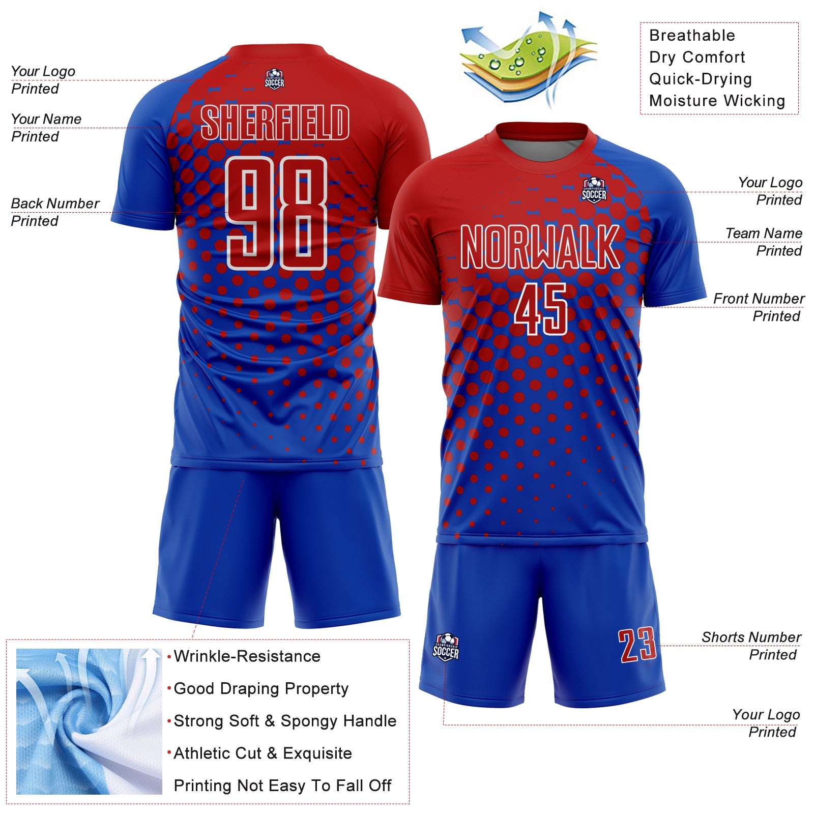 Custom Thunder Blue Red-White Modern Polka Dot Sublimation Soccer Uniform Jersey