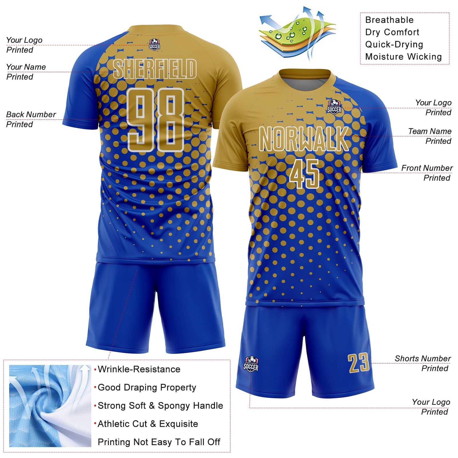 Custom Thunder Blue Old Gold-White Modern Polka Dot Sublimation Soccer Uniform Jersey