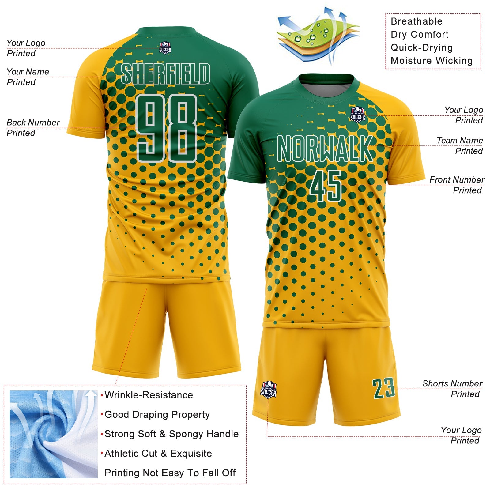 Custom Gold Kelly Green-White Modern Polka Dot Sublimation Soccer Uniform Jersey
