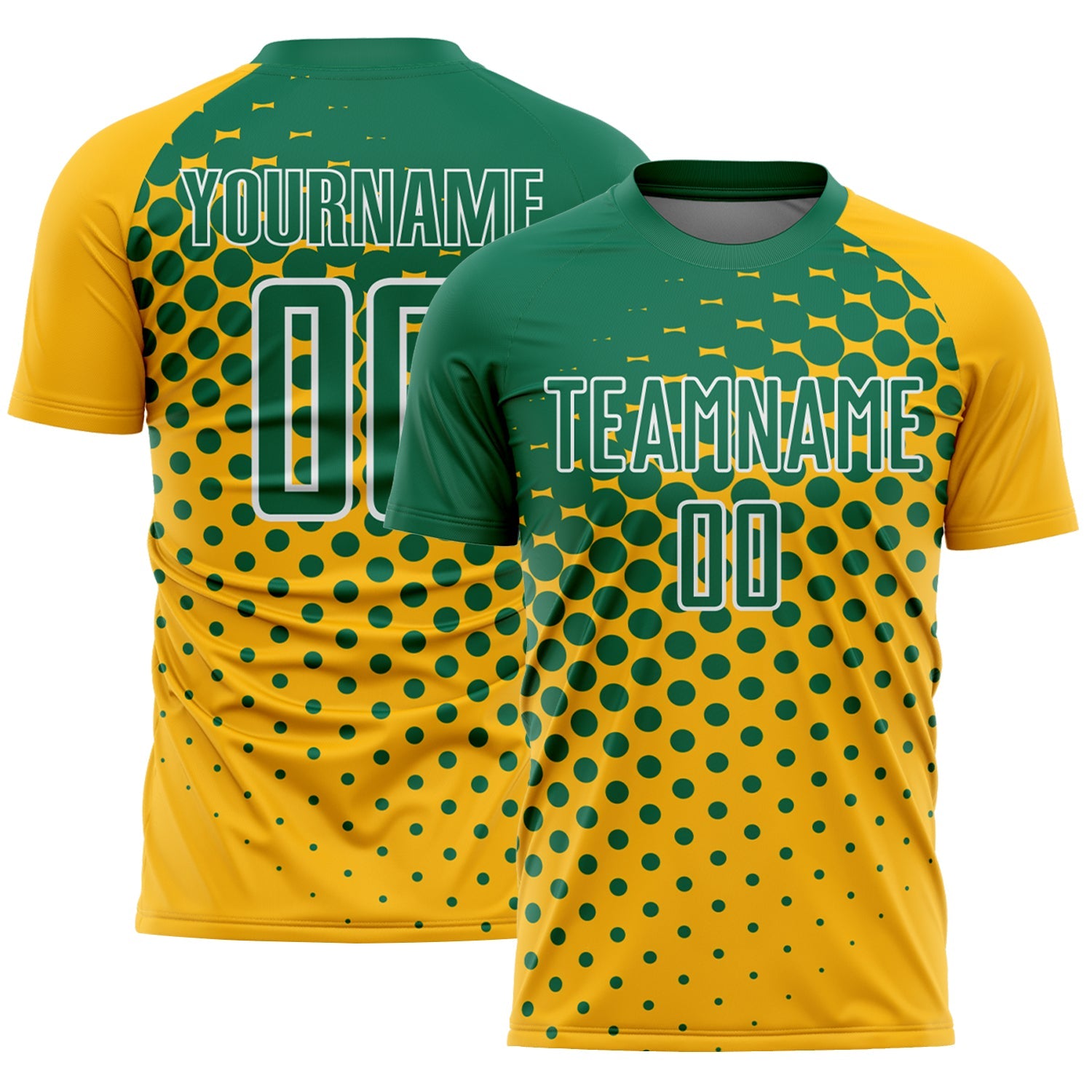 Custom Gold Kelly Green-White Modern Polka Dot Sublimation Soccer Uniform Jersey
