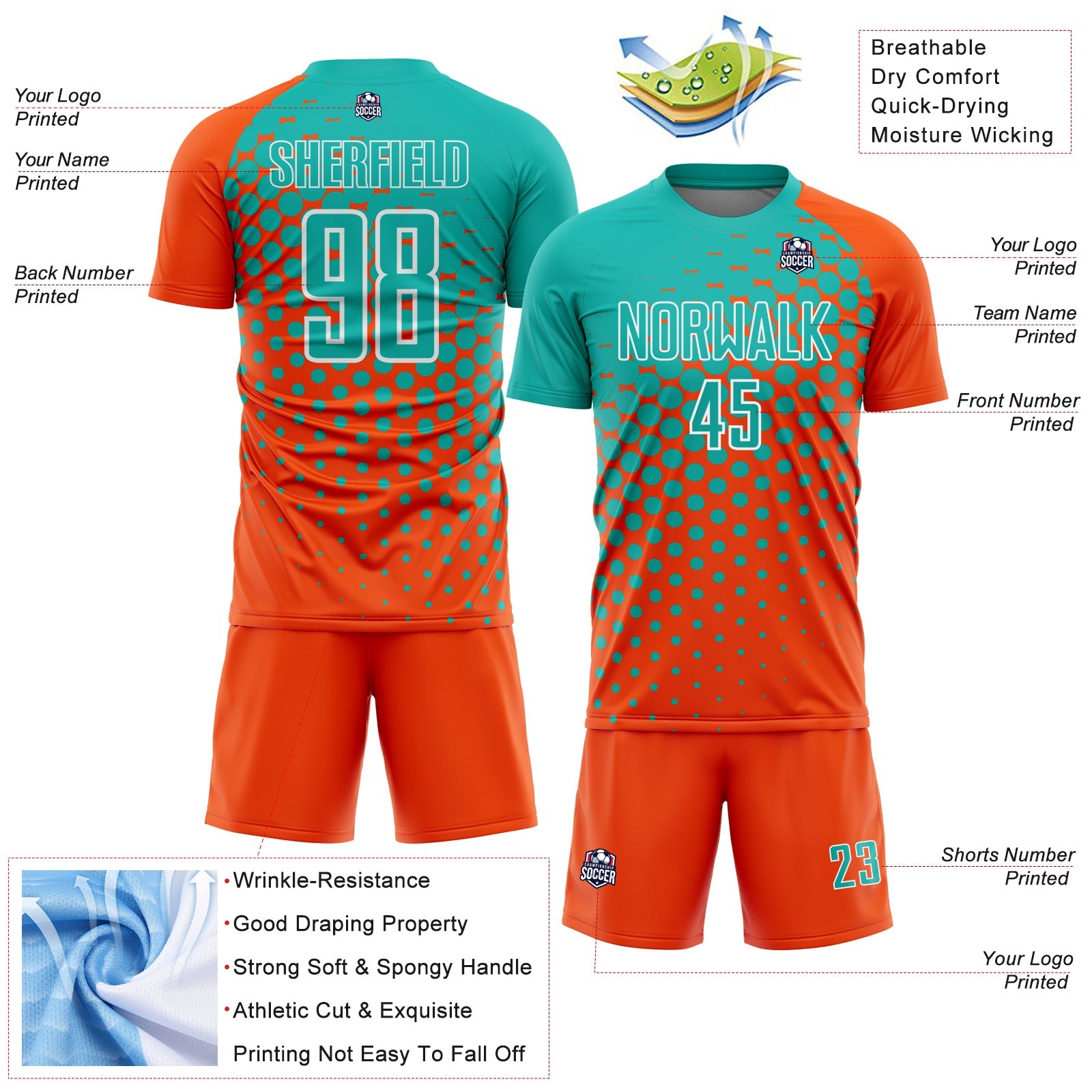 Custom Orange Aqua-White Modern Polka Dot Sublimation Soccer Uniform Jersey