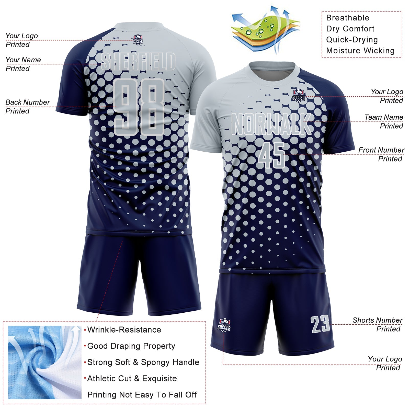 Custom Navy Silver-White Modern Polka Dot Sublimation Soccer Uniform Jersey
