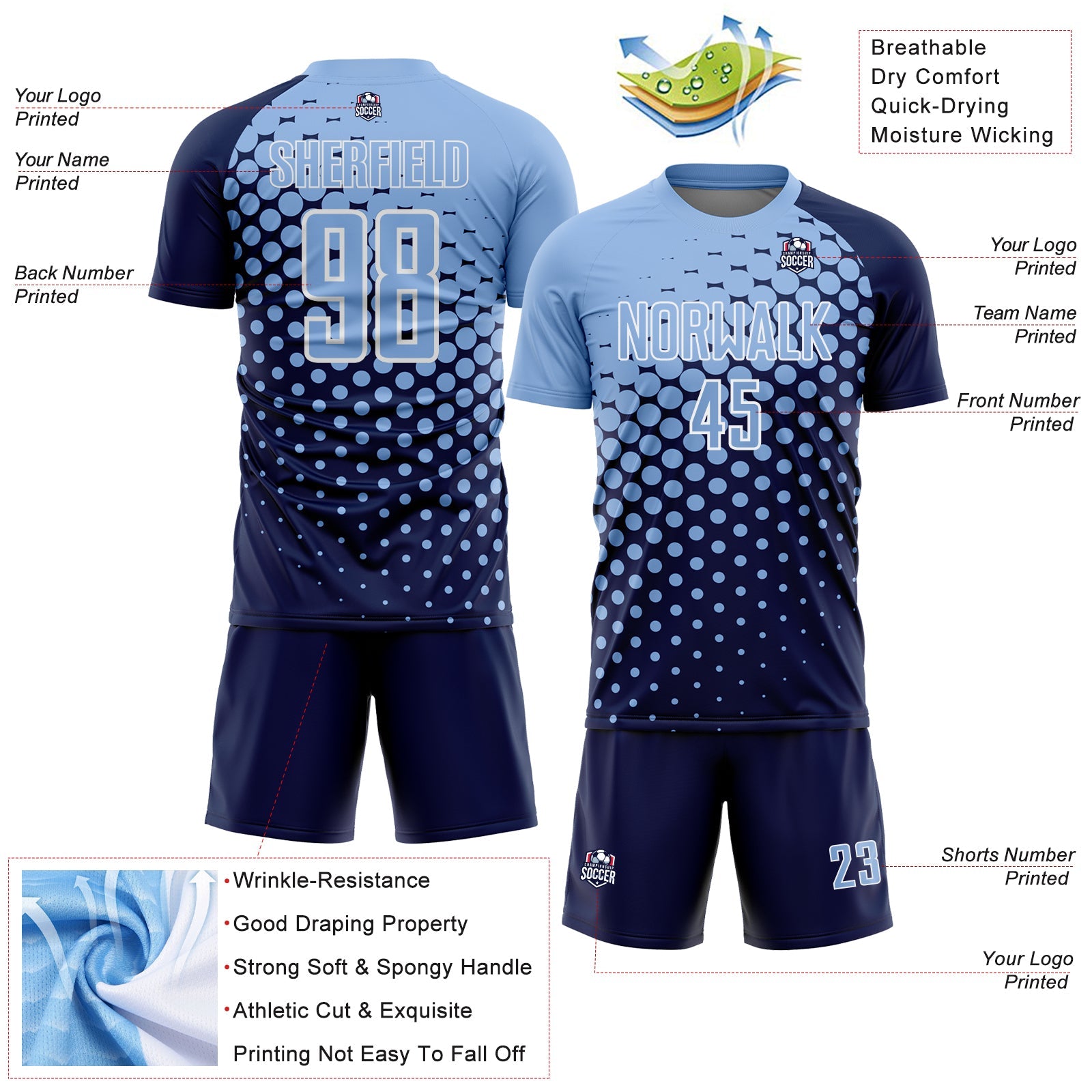 Custom Navy Light Blue-White Modern Polka Dot Sublimation Soccer Uniform Jersey