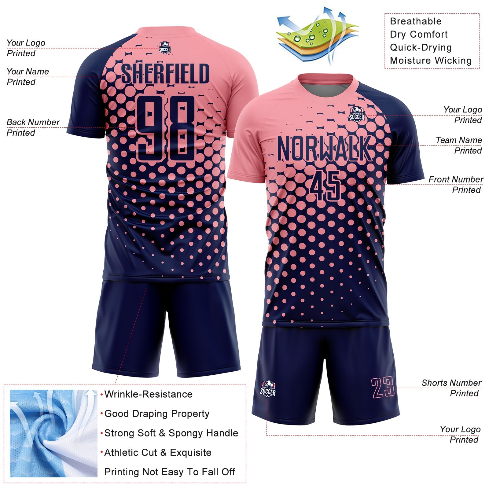 Custom Navy Medium Pink Modern Polka Dot Sublimation Soccer Uniform Jersey