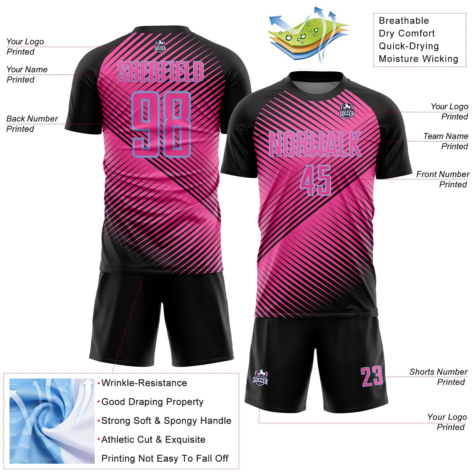 Custom Black Pink-Light Blue Line Sublimation Soccer Uniform Jersey
