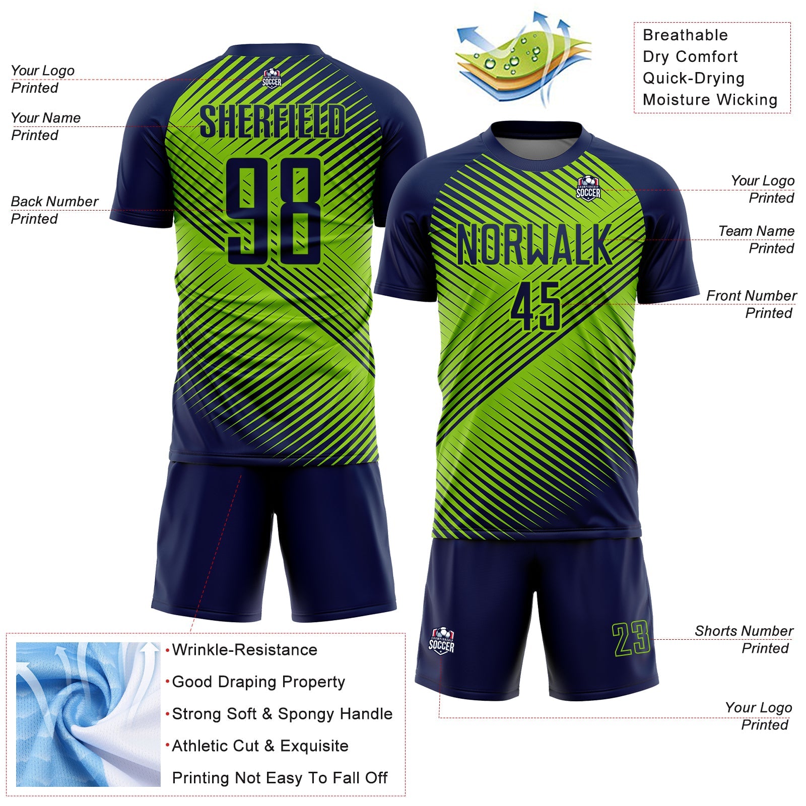 Custom Navy Neon Green Line Sublimation Soccer Uniform Jersey